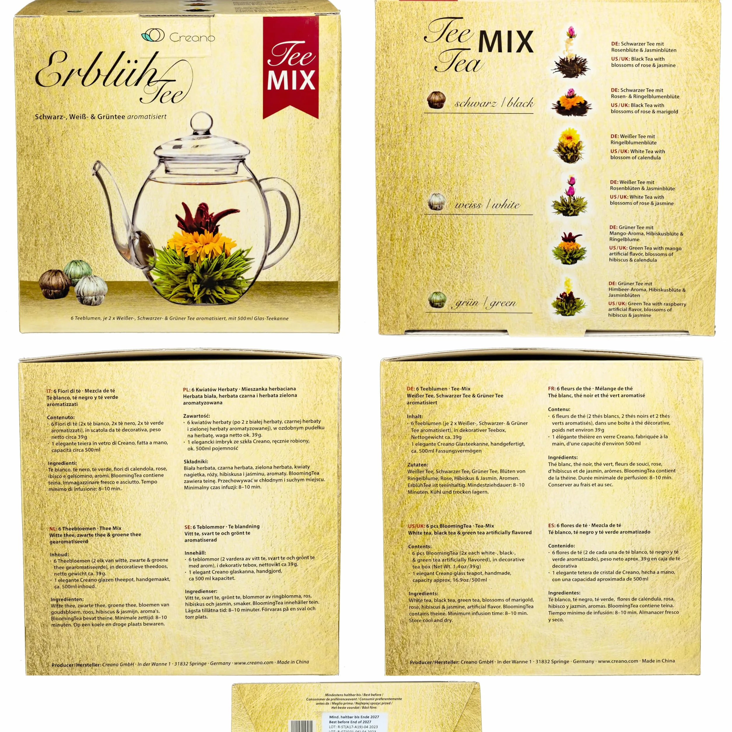 Zestaw upominkowy Creano Flowering Tea Mix – Złoty, Herbata Kwitnąca w Szklanym Imbryku, Biała, Zielona i Czarna Herbata w 6 Odmianach, Prezent dla Kobiety, 7 Sztuk