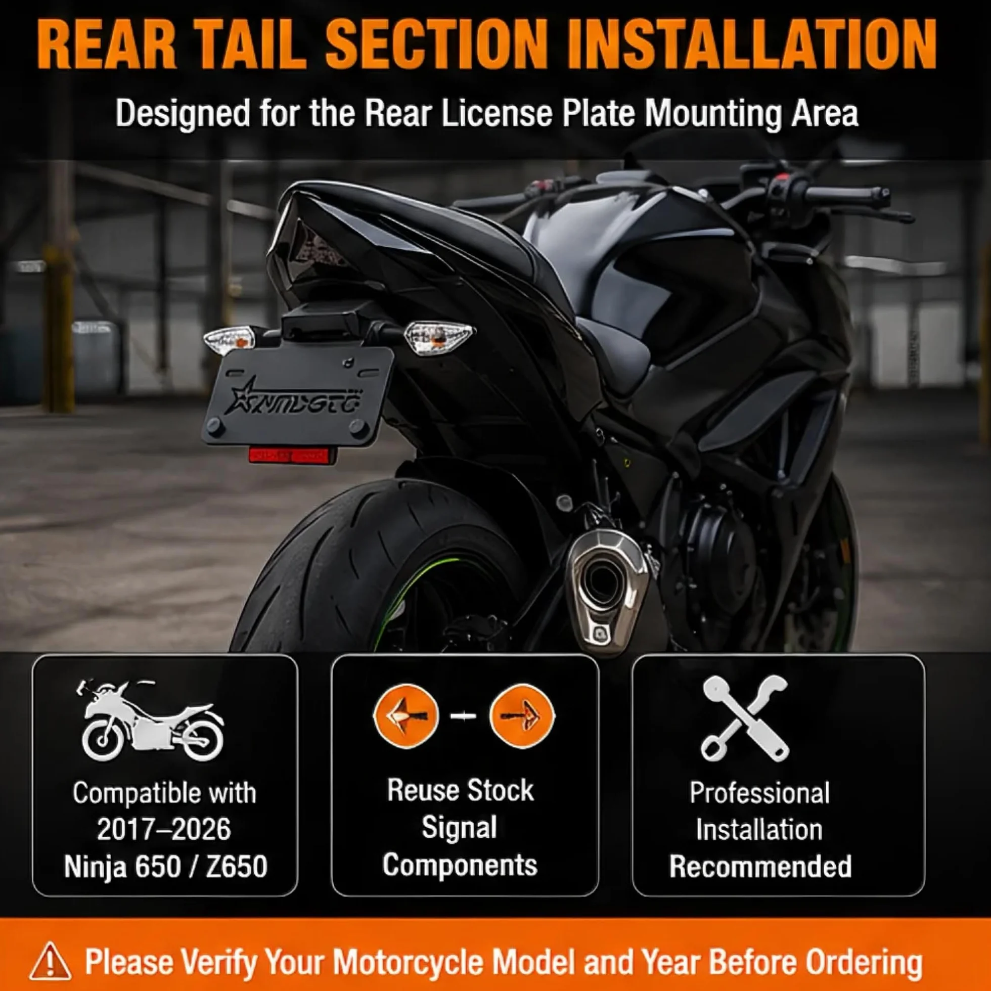 RANSOTO Fender Eliminator do Kawasaki Z650 / Ninja 650 ZX650 2023 2022 2021 2020 2019 2018 2017 Uchwyt montażowy tablicy rejestracyjnej