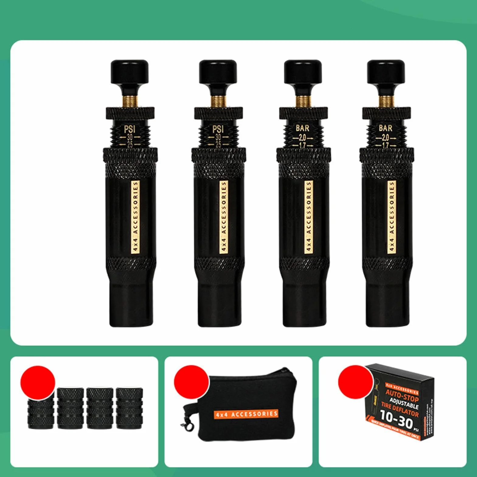 Rapid deflator do opon, akcesoria offroadowe, regulowany deflator powietrza do opon, 4-cz? ?ciowy zestaw Auto Stop-4 Spin- (10-30 PSI) , Rapid do samochodów ci? ?arowych, pickup, offroad