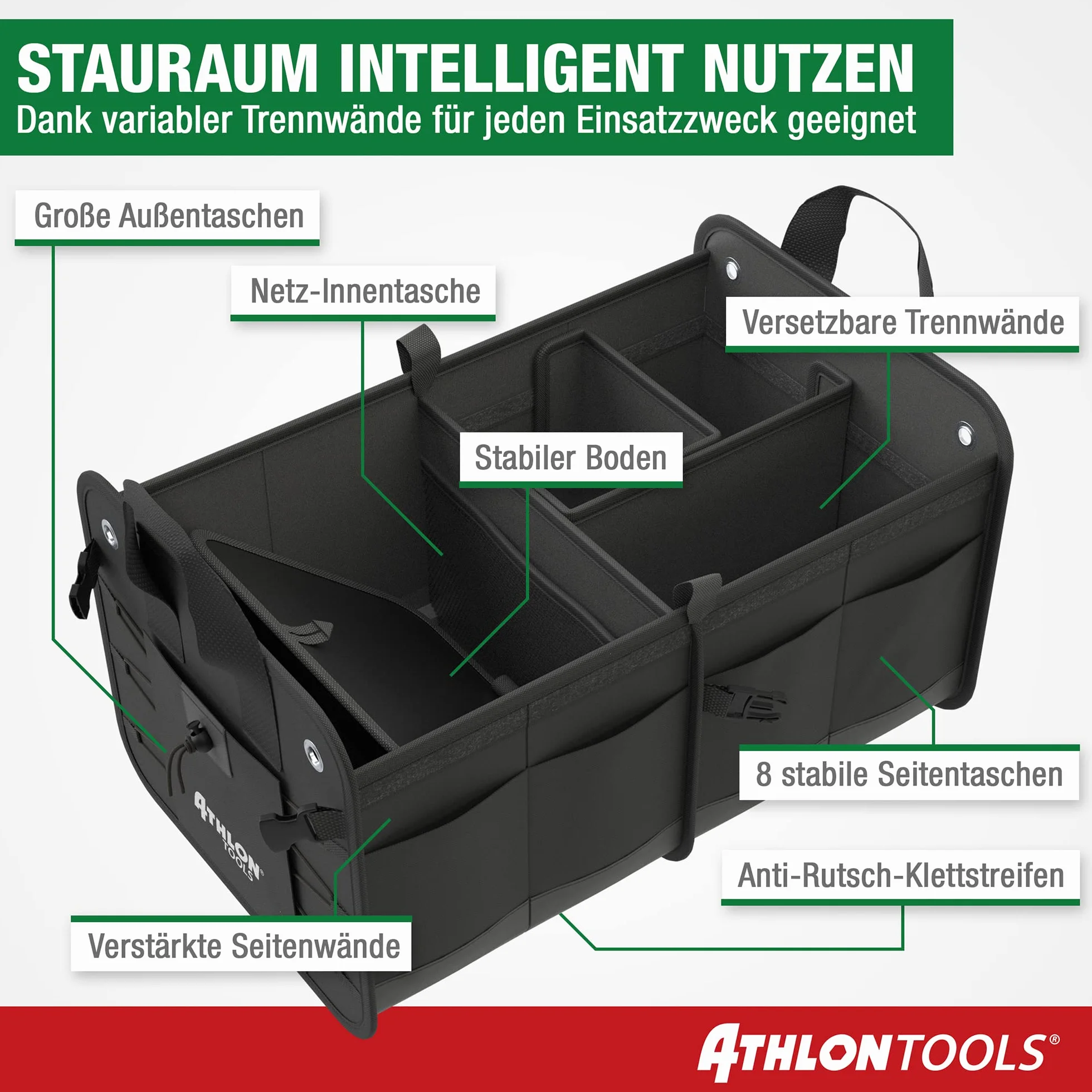 ATHLON TOOLS Torba do bagażnika premium z pokrywą – 60 litrów XXL organizer do bagażnika – bardzo stabilne i wodoodporne półki – z antypoślizgowym rzepem