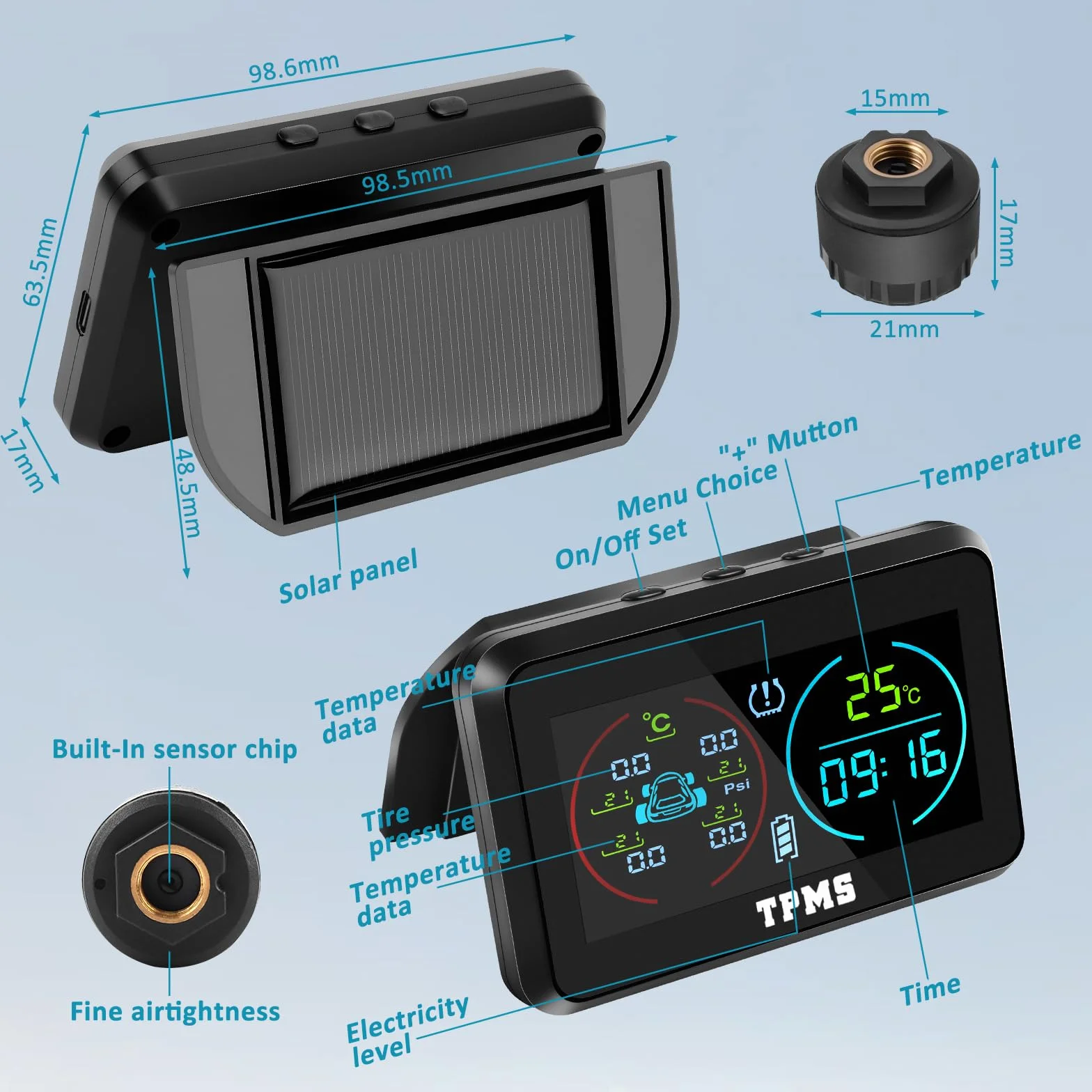 KAOLALI TPMS System monitorowania ciśnienia w oponach z 4 zewnętrznymi czujnikami solarny bezprzewodowy 0-5