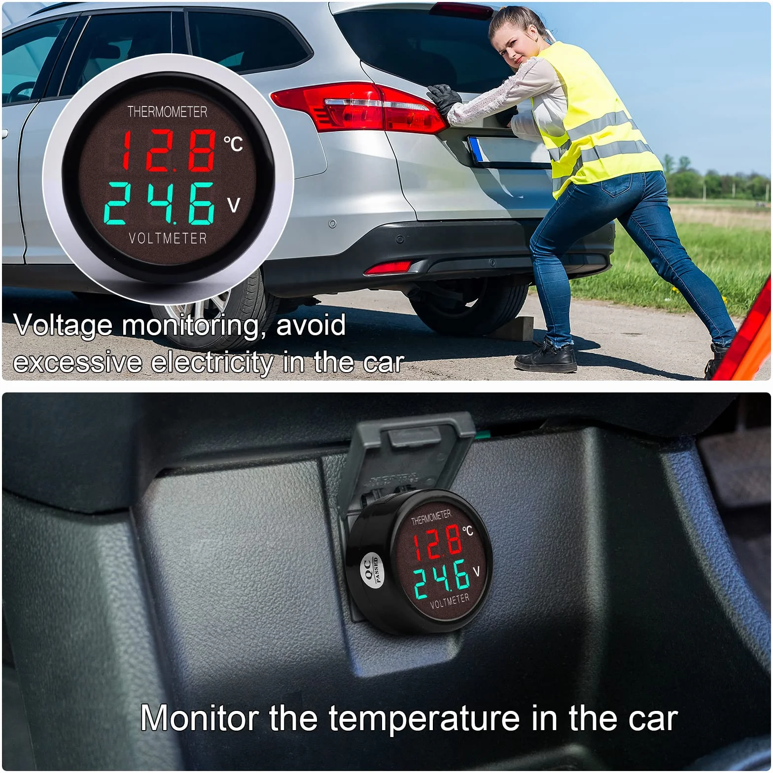 Woltomierz cyfrowy 2 w 1 DC 12V 24V 36V miernik temperatury akumulatora tester wskaźnik do samochodu ciężarówki autobusu czerwony zielony