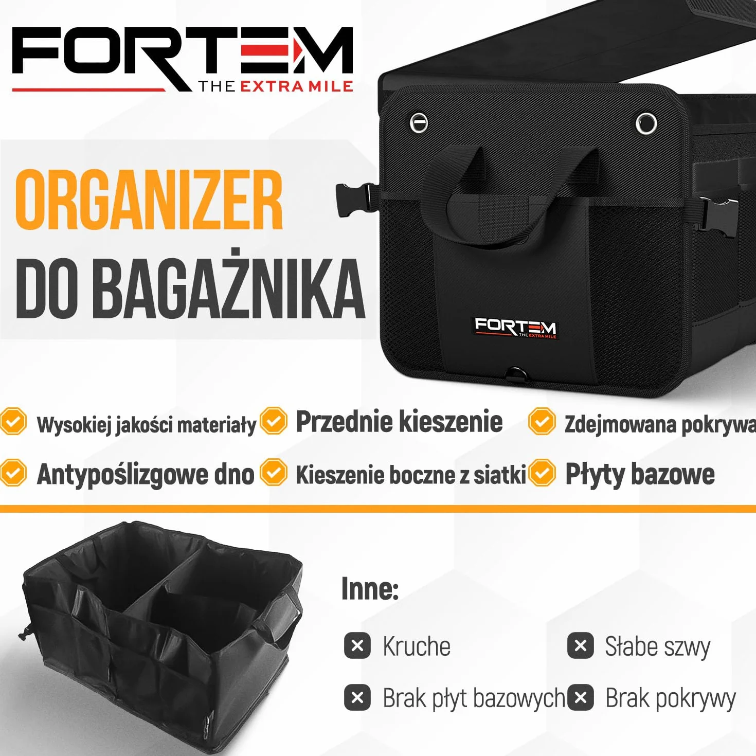 FORTEM Organizer Bagażnika Samochodowego SUV, Składany z Przegródkami, Antypoślizgowy Spód, Regulowane Pasy Mocujące, Składana Pokrywa, Praktyczne Przechowywanie Akcesoriów (65L)
