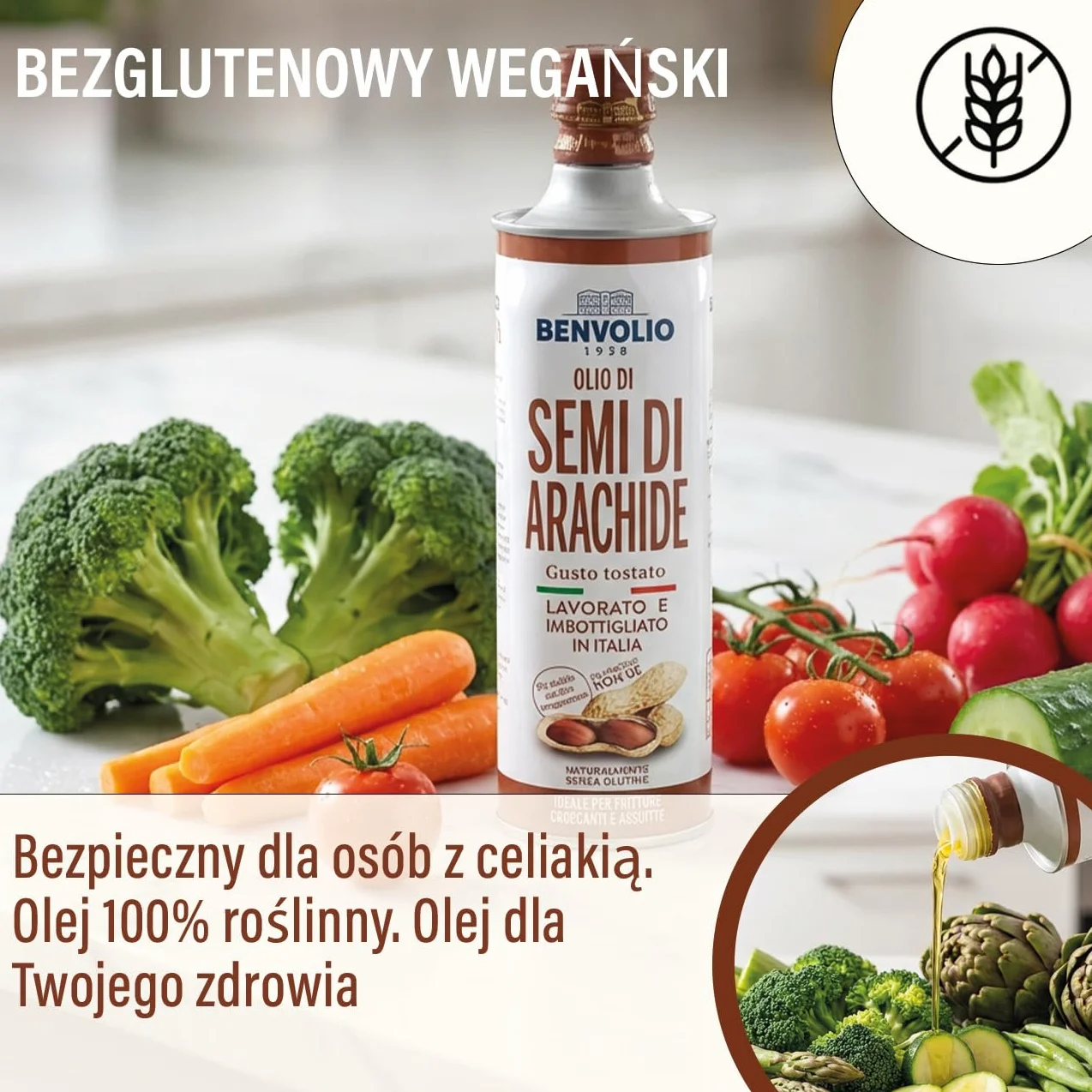 Benvolio 1938 Olej Arachidowy 100% Włoski, do Smażenia i Głębokiego Tłuszczu, Wysoki Punkt Dymienia, Neutralny Smak, Bezglutenowy, 750g