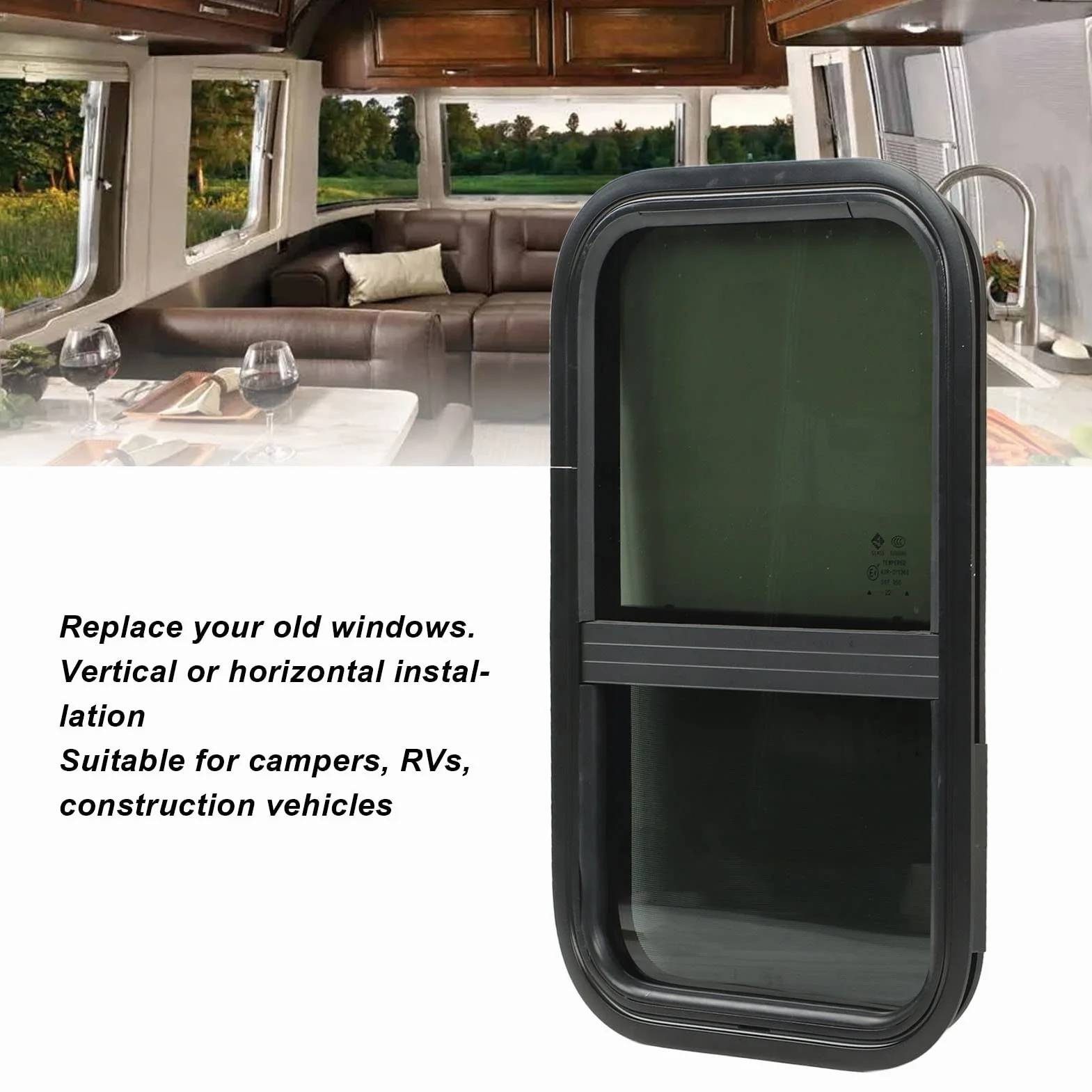 RV Window Replacement, 590x390mm Pionowe Poziome Przesuwne Przyciemniane Szkło Hartowane Okno do Przyczepy Okno do Kampera Zaokrąglone Okna Przesuwne do Pojazdów Inżynieryjnych