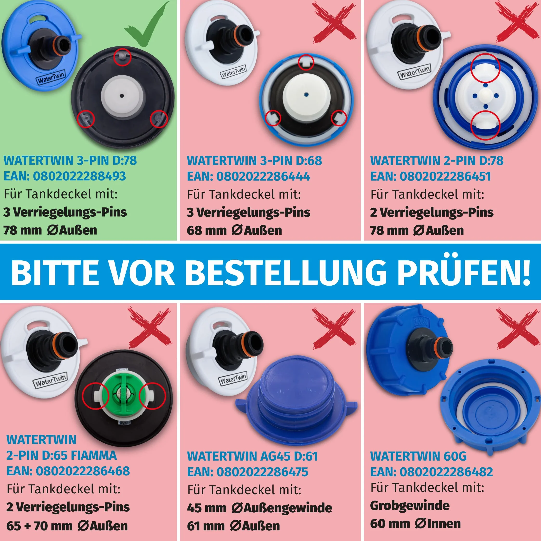 MaJoCompTec WATERTWIN adapter do napełniania wodą, adapter do zbiornika kompatybilny z przyłączem Gardena, akcesoria do pokrywy wlewu paliwa, do przyczep kempingowych, króćców napełniania (adapter 3
