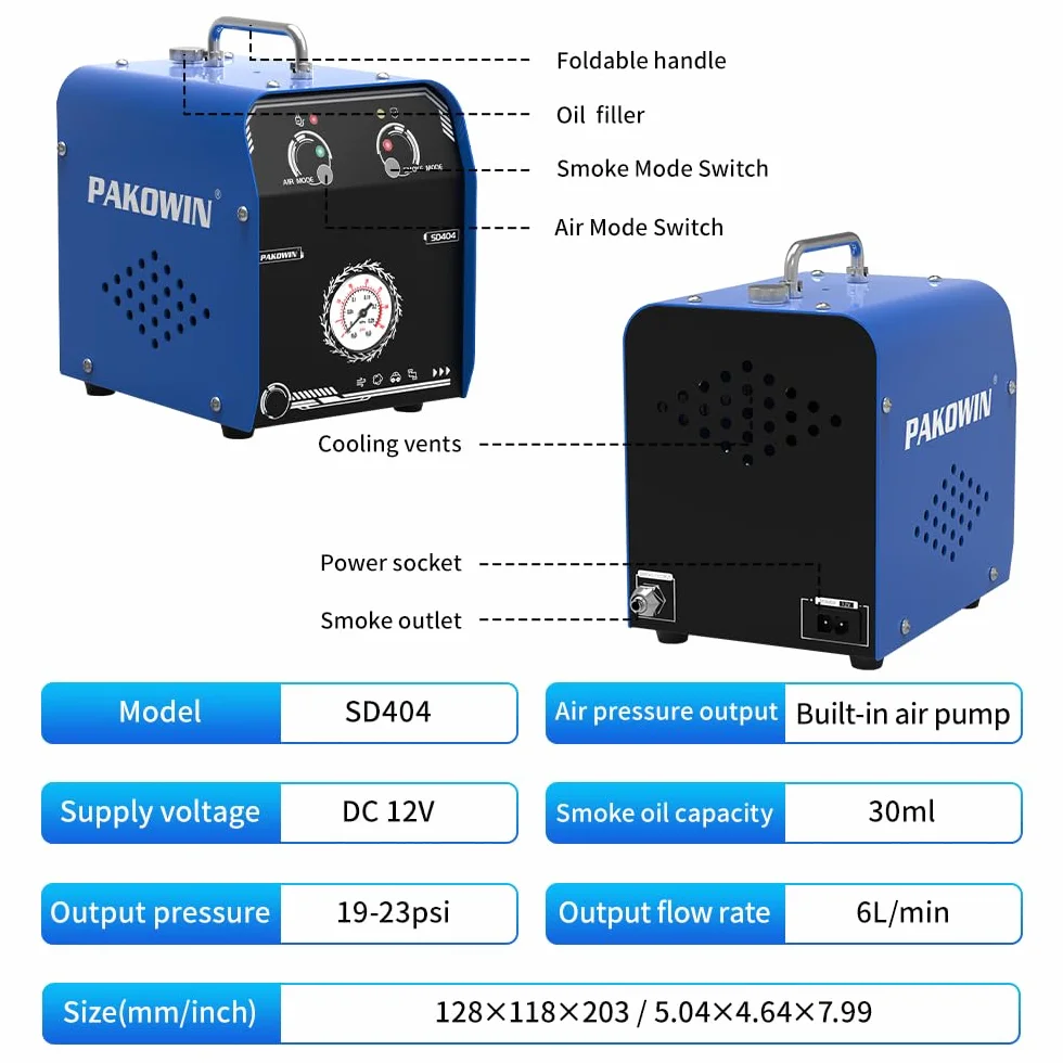 Tester dymu EVAP 12 V DC z wbudowaną pompką powietrza do wykrywania szczelności węża samochodowego