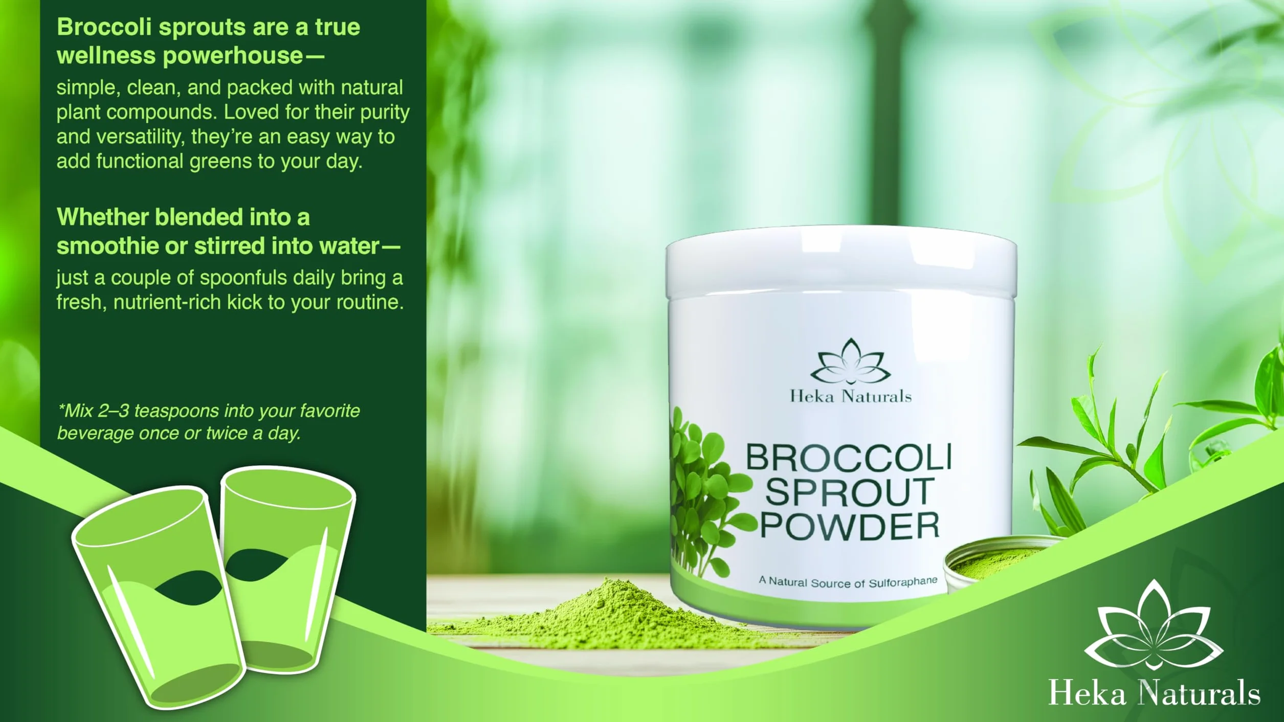 Heka Naturals Ekologiczny Proszek z Kiełków Brokuła - 100% Czysty Superfood z Kiełkowanych Nasion - Bogaty w Sulforafan, Wegański, Bez GMO i Dodatków - 400g