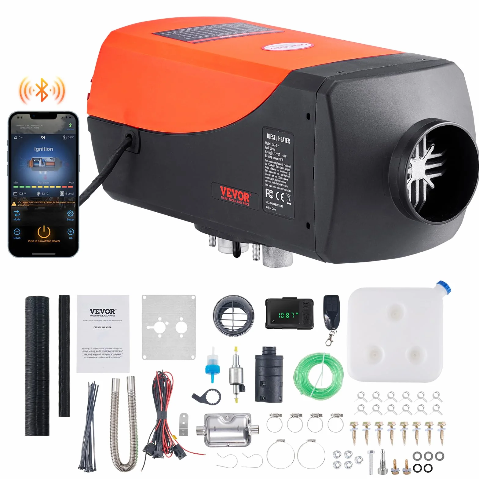 VEVOR Podgrzewacz powietrza Diesel do samochodów kempingowych Ciężarówka RV 12V 5KW Regulowana temperatura 8℃-36℃ Sterowanie Bluetooth, podgrzewacz parkowania samochodu Zużycie paliwa 0,16-0,52 l/h