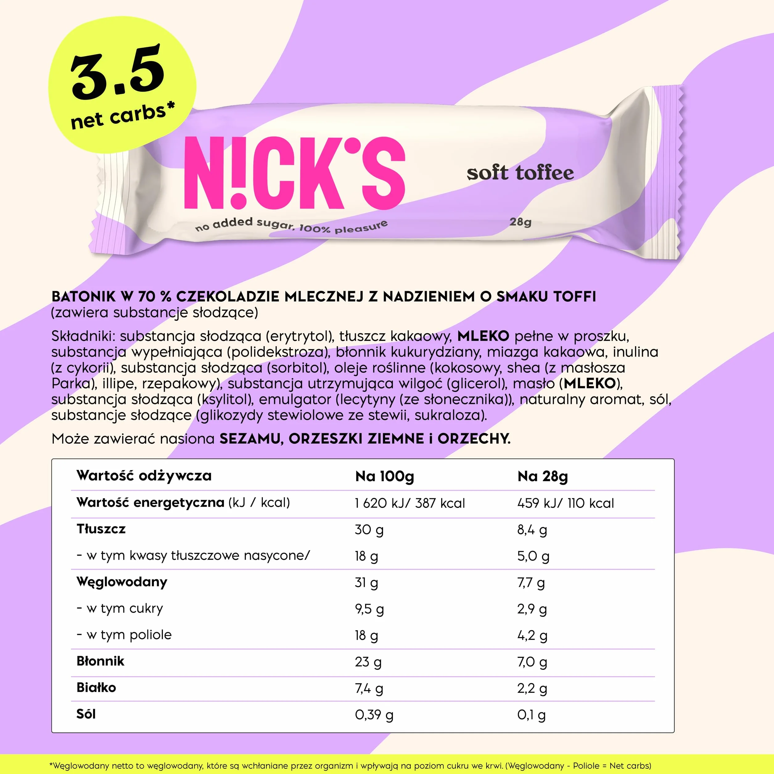 NICKS Soft toffee batonik czekoladowy keto bez cukru low carb 110 kalorii 3.5g węglowodanów netto 15x28g