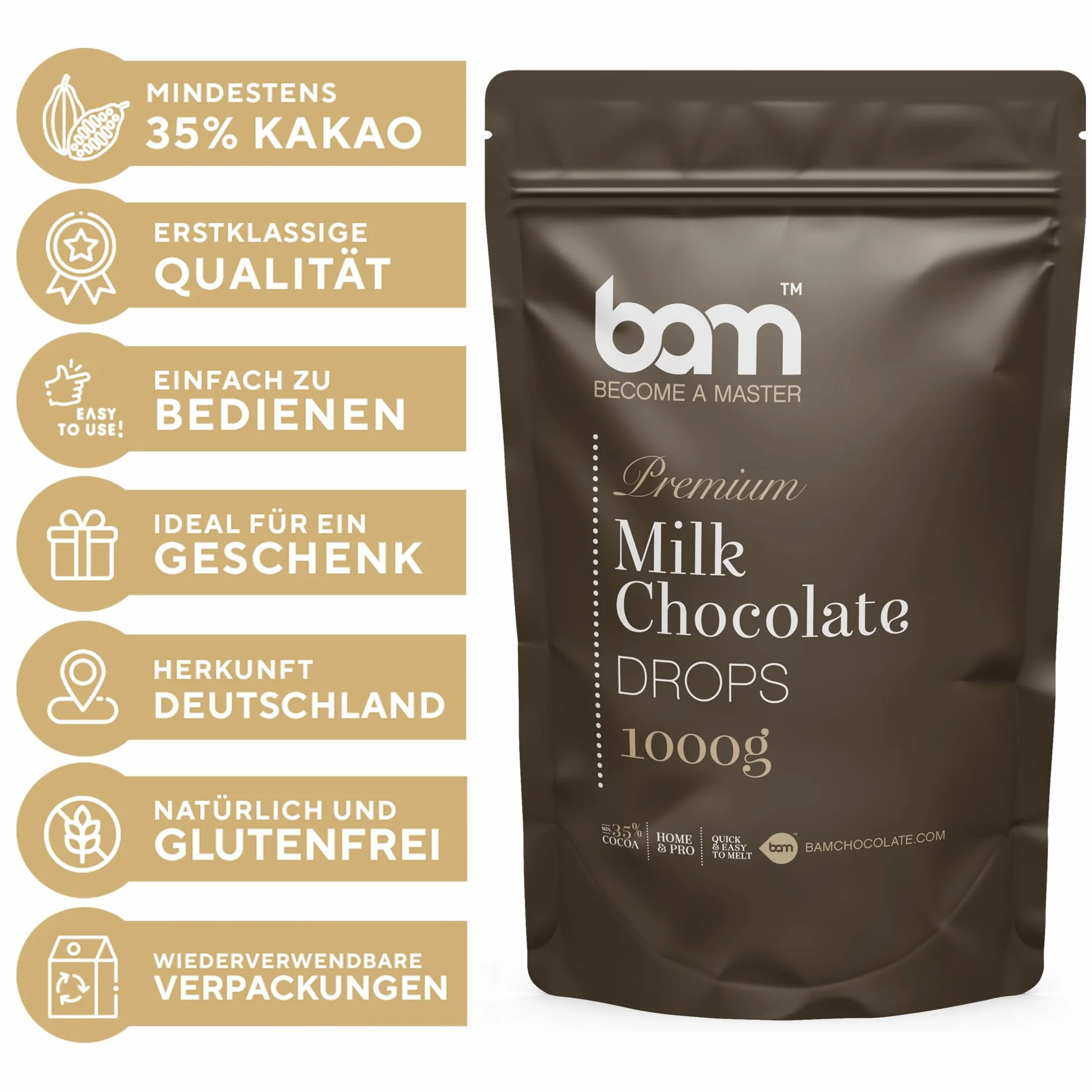 BAM Premium Mleczne Dropsy Czekoladowe, Kaletki, Wiórki do topienia, do domowego i profesjonalnego wypieku, 1 kg