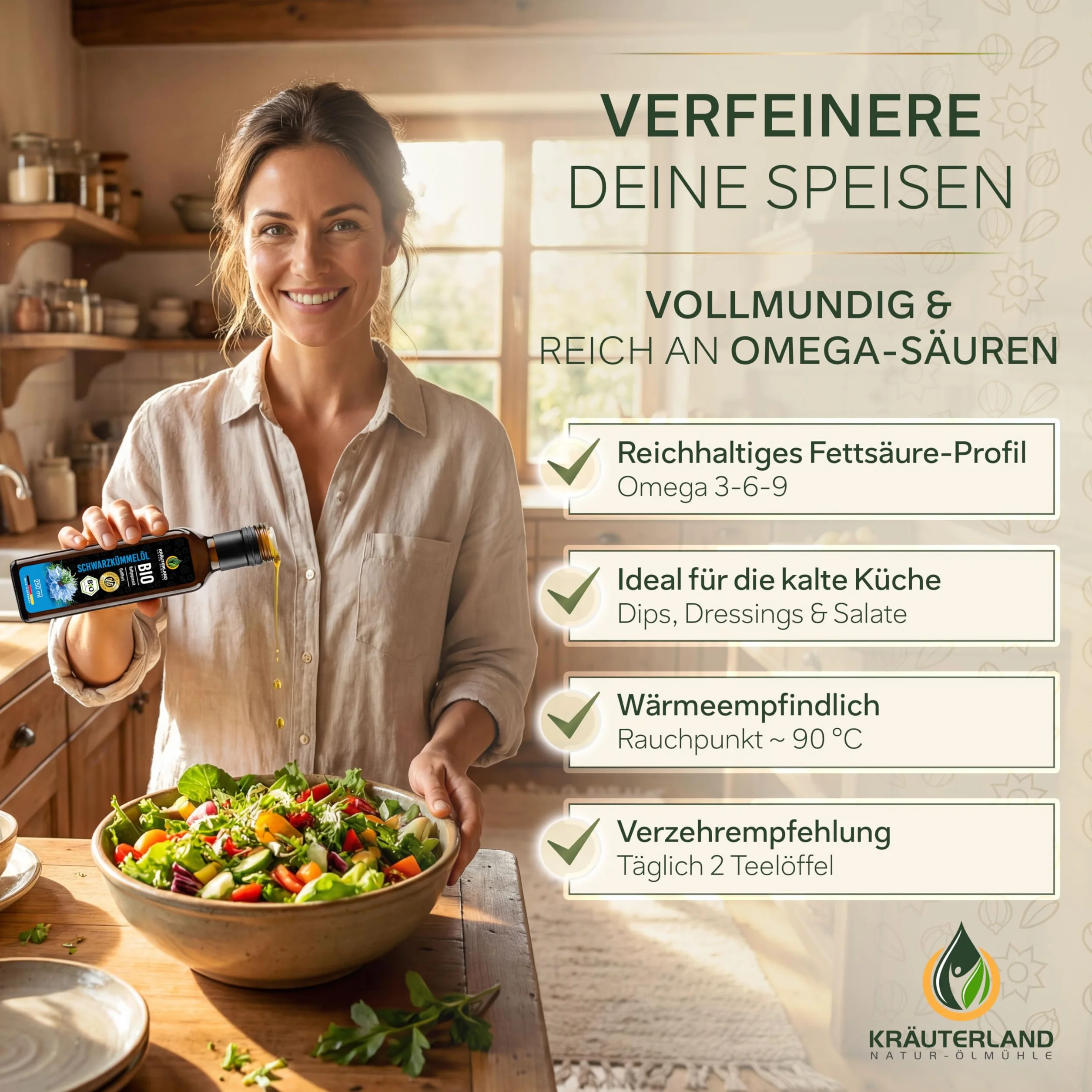 Kräuterland - organiczny olej z czarnuszki, filtrowany 2x250ml - 100% czysty, delikatnie tłoczony na zimno, egipski, wegański - gwarancja świeżości: świeżo mielony codziennie bezpośrednio od producenta