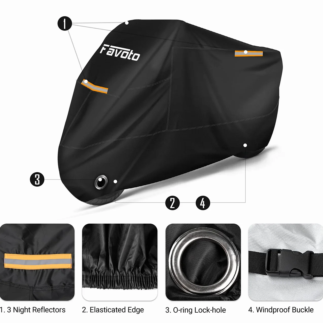 Favoto Pokrowiec na motocykl Pokrowiec na motocykl zewnętrzny XXXL 210T Pokrowiec z tkaniny Oxford Wewnętrzny pokrowiec na motocykl Pyłoszczelny z wodoodpornymi paskami Ulepszony otwór blokujący 265 cm x 105 cm x 125 cm