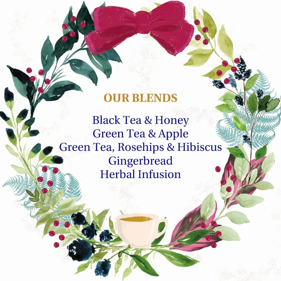 New English Teas Świąteczny kalendarz adwentowy na herbatę, 50 torebek z piramidami, 5 świątecznych mieszanek czarnej herbaty, owoców i ziół