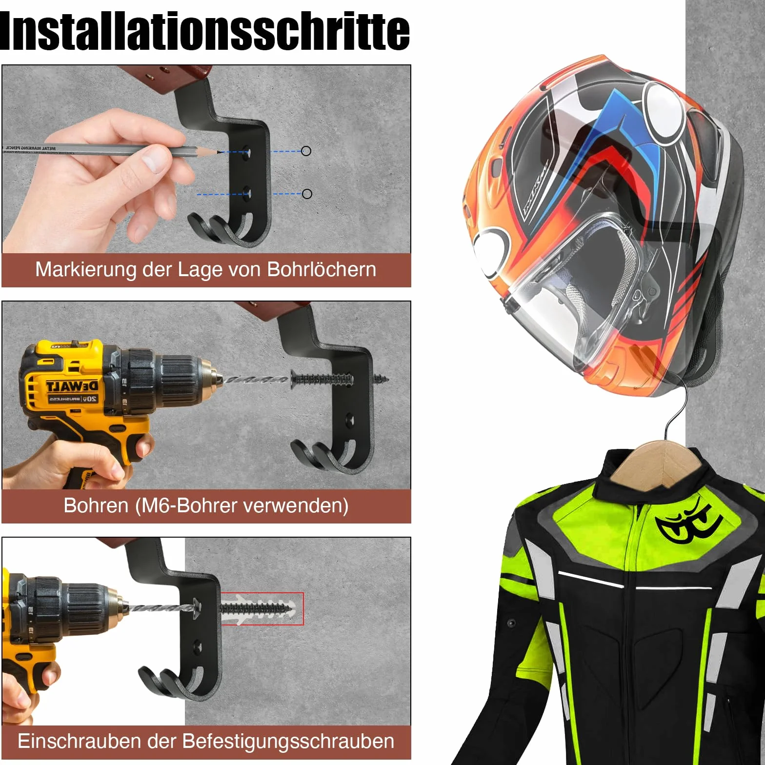 Uchwyt na kask motocyklowy, półka z haczykami do zawieszenia kasku motocyklowego i kurtki motocyklowej