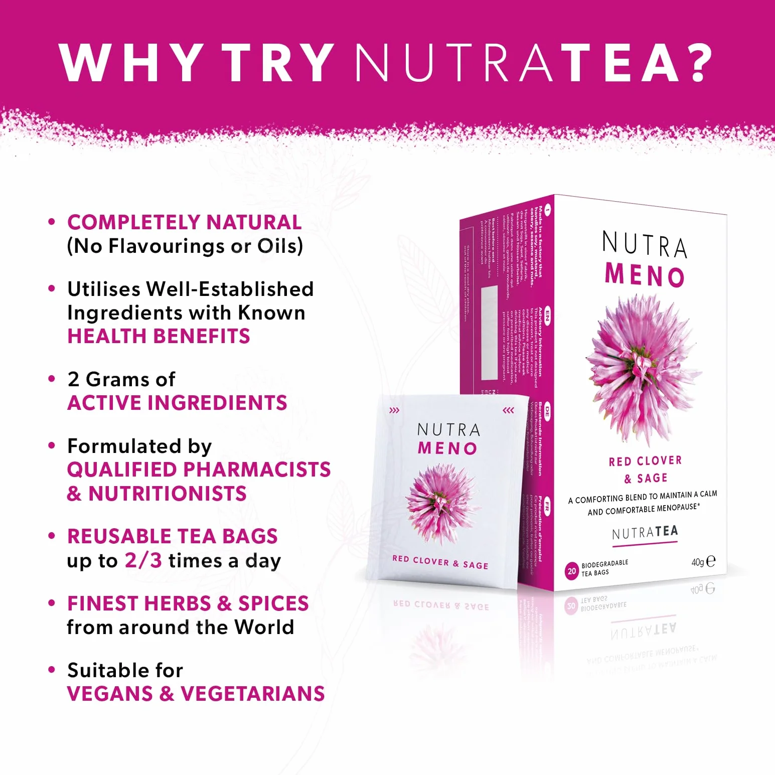 Nutra Tea NUTRAMENO Herbata menopauzowa, herbata z czerwonej koniczyny, ulga w okresie okołomenopauzalnym dla kobiet. Zawiera czerwoną koniczynę, szałwię i korzeń shatavari, 20 pojedynczo zapakowanych
