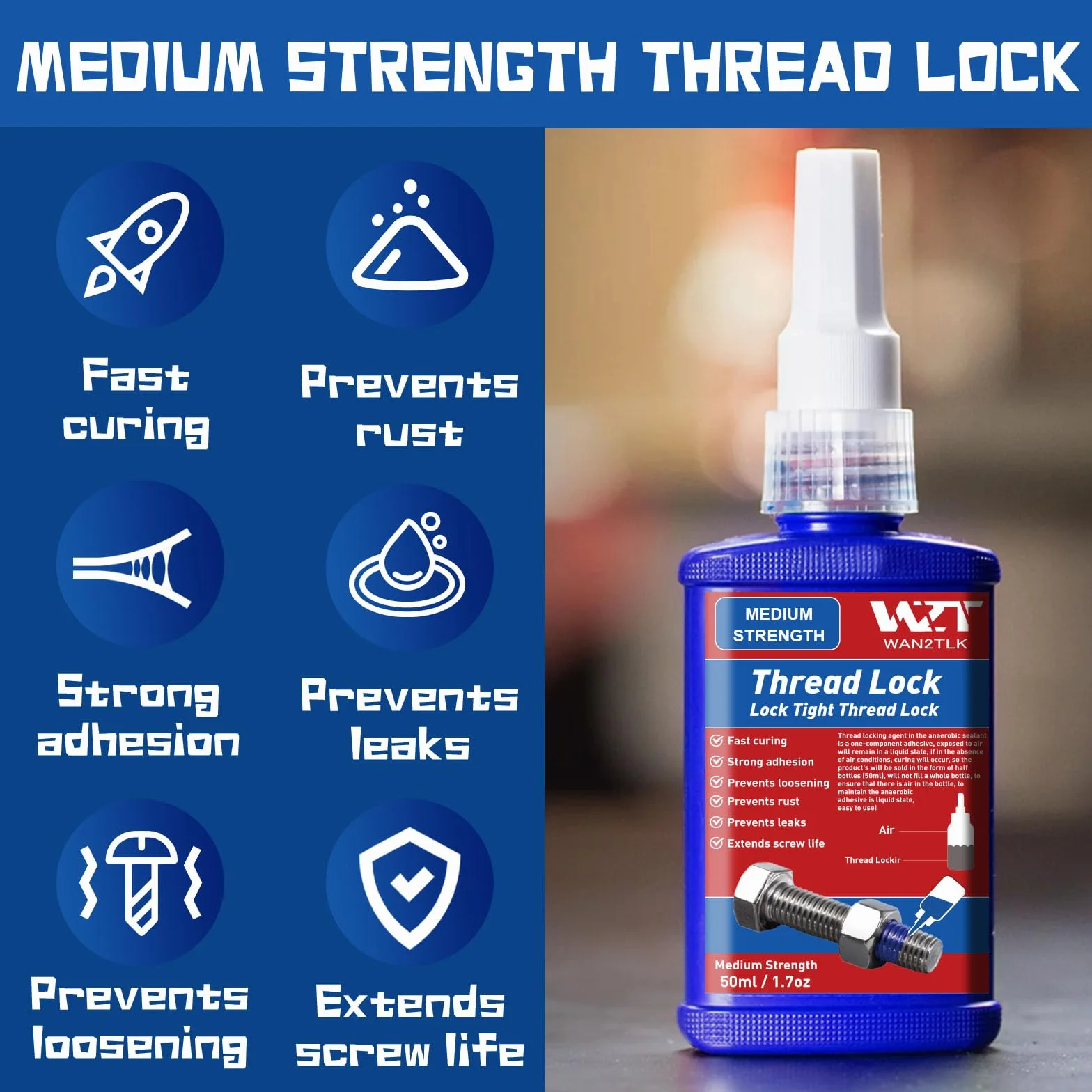 50 ml zabezpieczenie gwintu niebieskie, zabezpieczenie śrubowe, średnio-wytrzymałe, wypełnienie szczelinowe, nakrętki Lock & Seal, śruby, elementy mocujące i metale, stabilne i nierdzewne