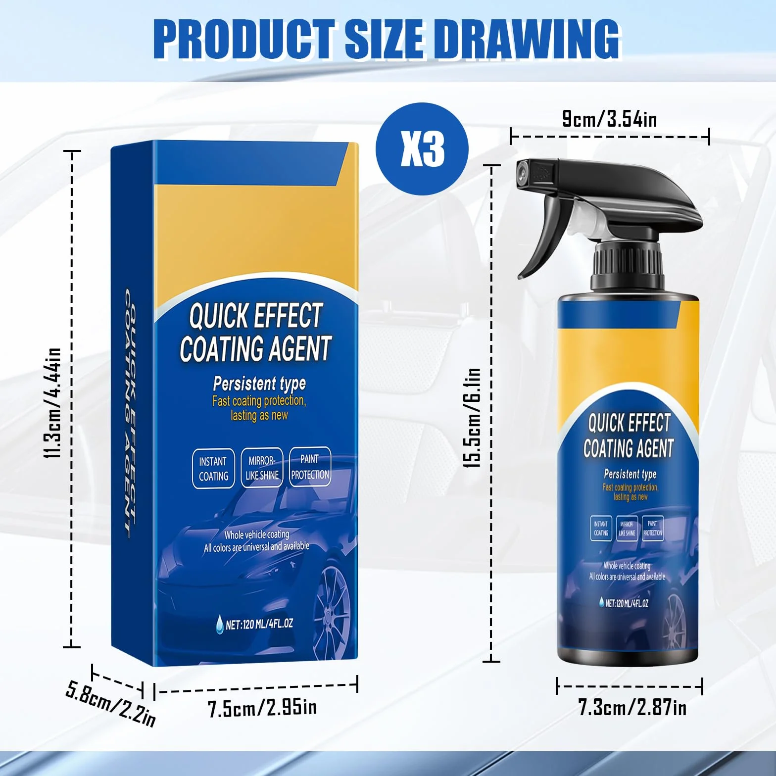 Quick Effect Coating Agent for Car, środek do szybkiego działania, 3 sztuki lakieru samochodowego, odporny na działanie wody, olejoodporny