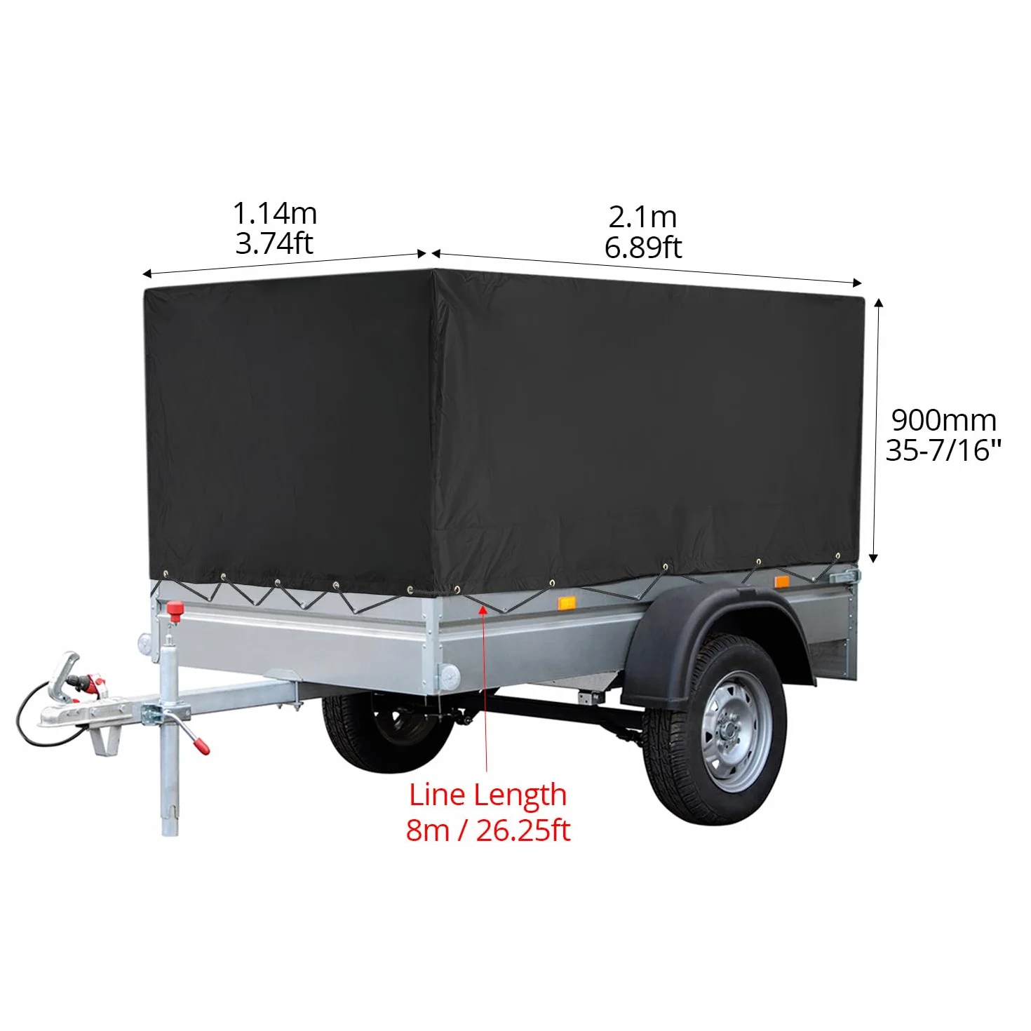 QWORK Płaska plandeka na przyczepę z liną do plandeki 210 x 114 x 90 cm, materiał PCW 420D, wodoszczelna, odporna na rozerwanie, do przyczep samochodowych, 750 kg (czarna)