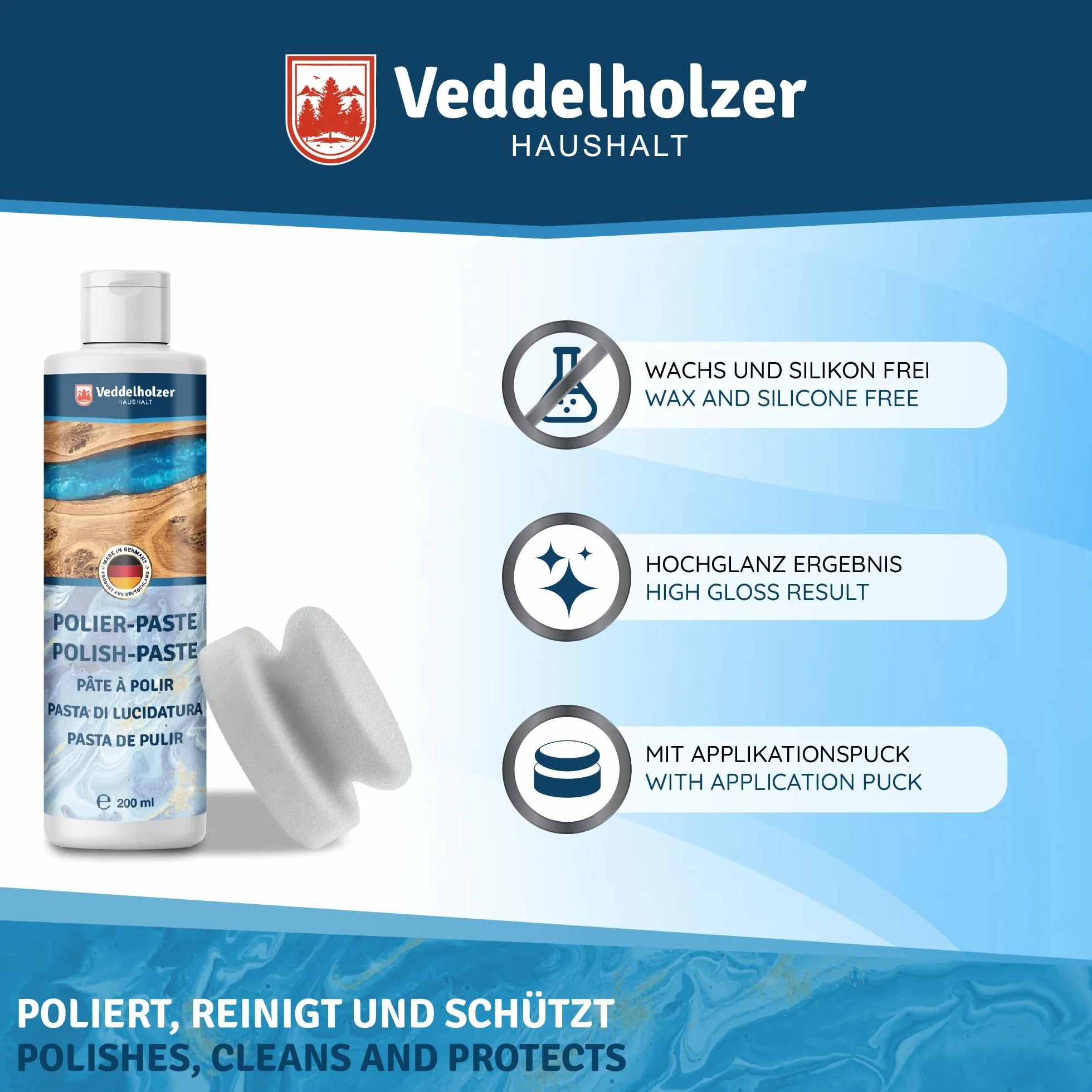 Veddelholzer Profesjonalna pasta polerska 200 ml + gąbka do polerowania do mebli i stołów z żywicy epoksydowej, szkła akrylowego, poliestru, żelokatu oraz tworzyw sztucznych wzmocnionych włóknem