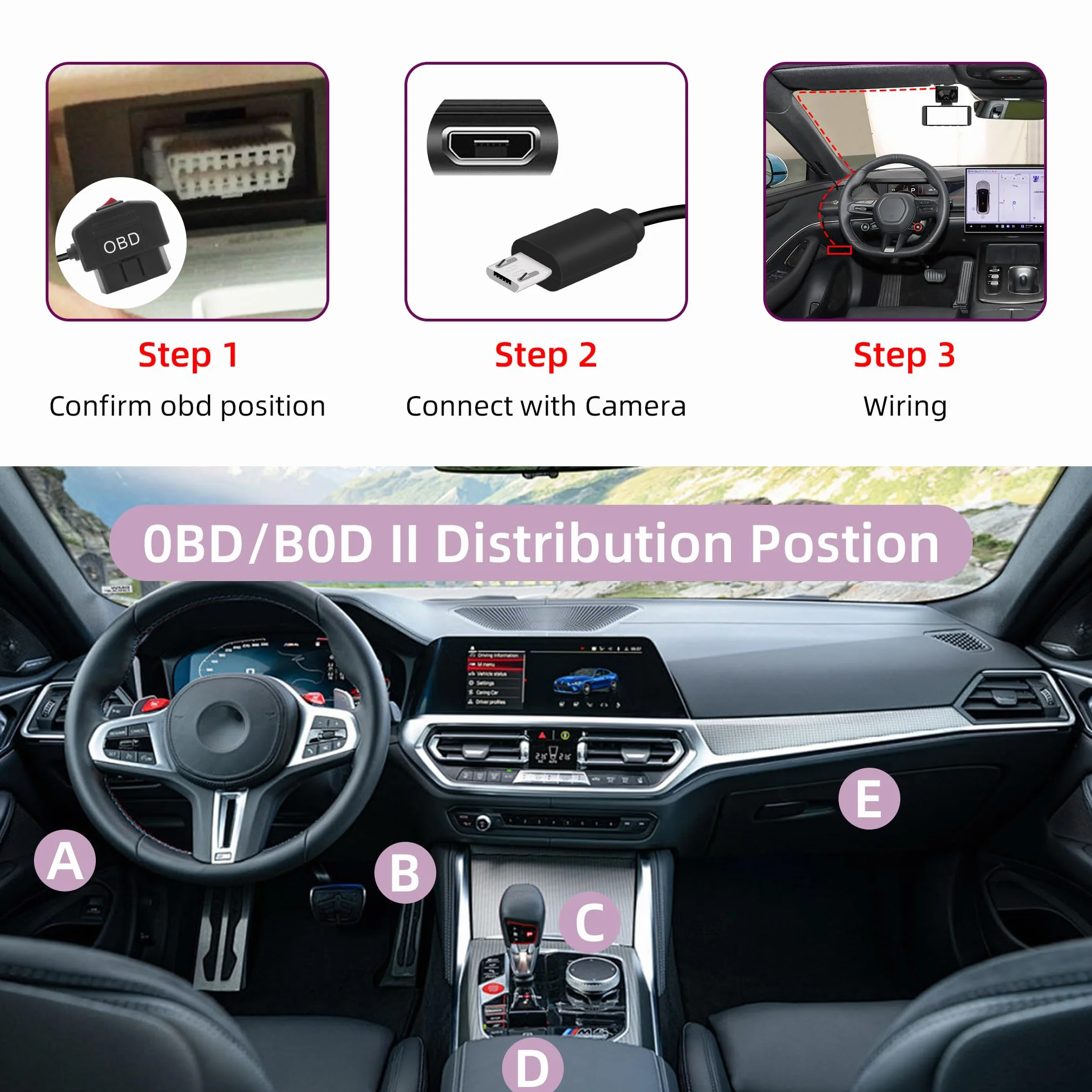 Kabel zasilający OBD do kamery na desce rozdzielczej, adapter przewodowy micro USB na OBD-II ze złączem przycisku przełącznika tryb monitora/tryb ACC (11,5 stóp/3,5 m)