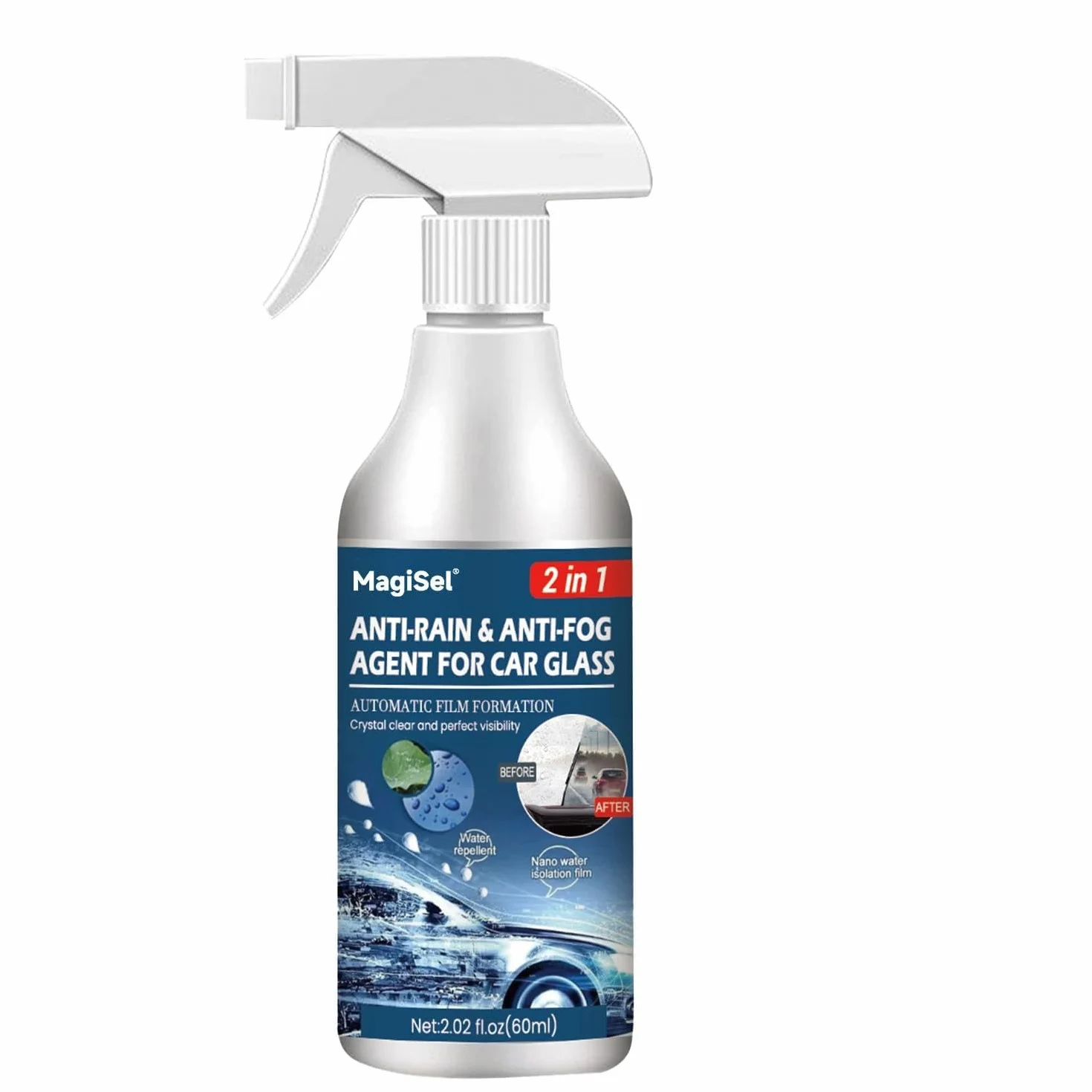 Środek przeciwmgielny, spray przeciwmgielny, spray do szyby przedniej samochodu, 60 ml środek przeciwmgielny odpychający wodę, środek chroniący przed deszczem do szyb przednich i lusterek, formuła 2-w