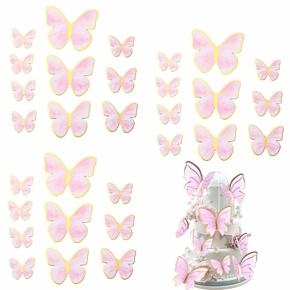 3D Motyl Topper na tort Mieszany rozmiar, Motyl Ozdoby na babeczki, Dekoracje na Ciasto, Mieszany rozmiar, Motyl Topper na Urodziny Motyw Ślubny Artykuły Dekoracja Ścienna - 30 szt. - Różowy