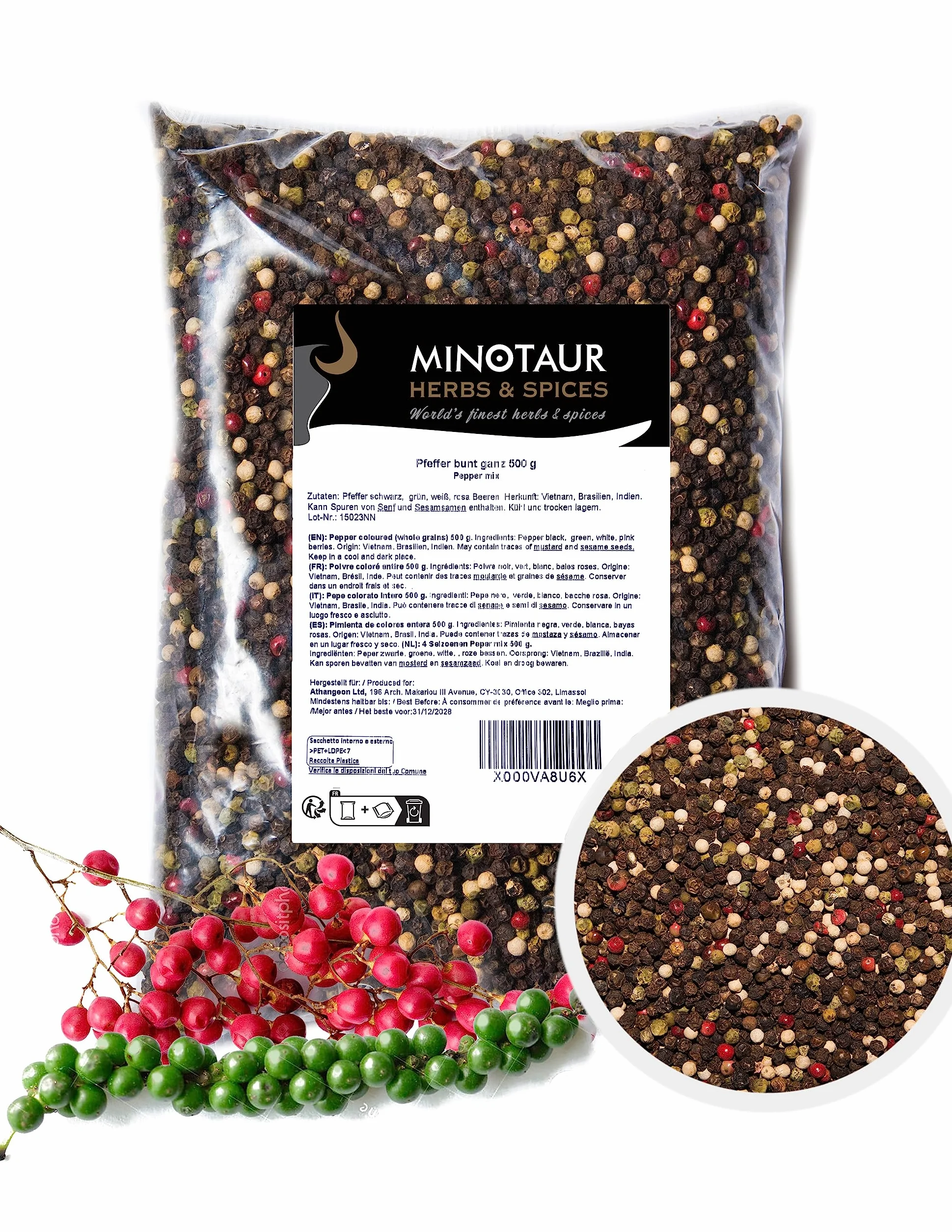 Minotaur Spices | Mieszanka Pieprzu | 2 x 500g (1 Kg) | Pieprz Kolorowy z Czarnego, Białego, Zielonego Pieprzu i Różowych Jagód