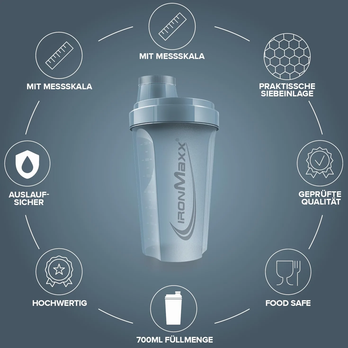 IronMaxx Shaker do Białka 700 ml Kyanite Blue | Shaker Proteinowy z Sitkiem i Skalą | Szczelny, BPA Free, do Zmywarki