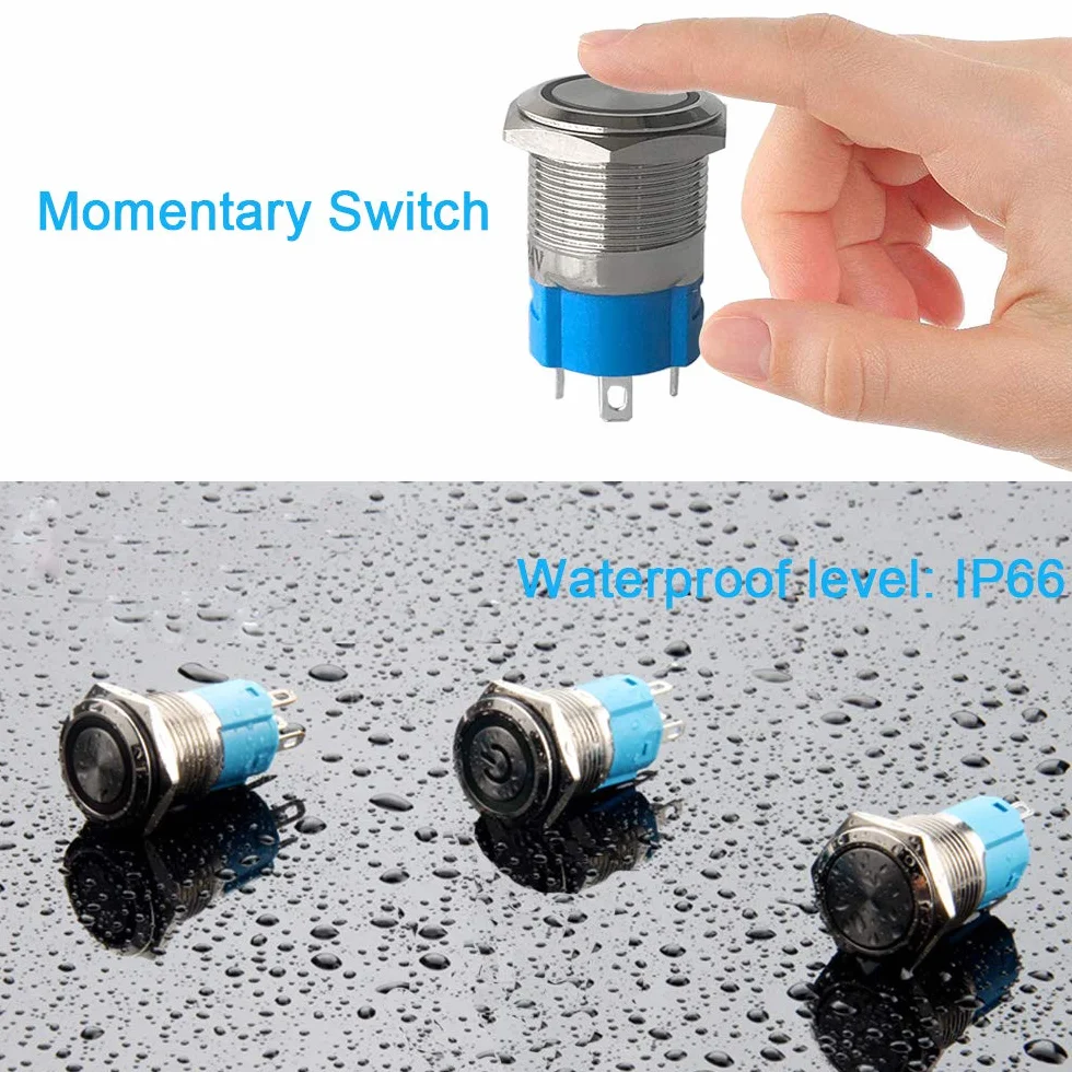 3 szt. premium 12 V/24 V 5 A chwilowy przełącznik przyciskowy, 19 mm przełącznik rozruchowy do samochodu, niebieskie światło LED ze stali nierdzewnej IP67 wodoodporny przełącznik z przewodem wtykowym
