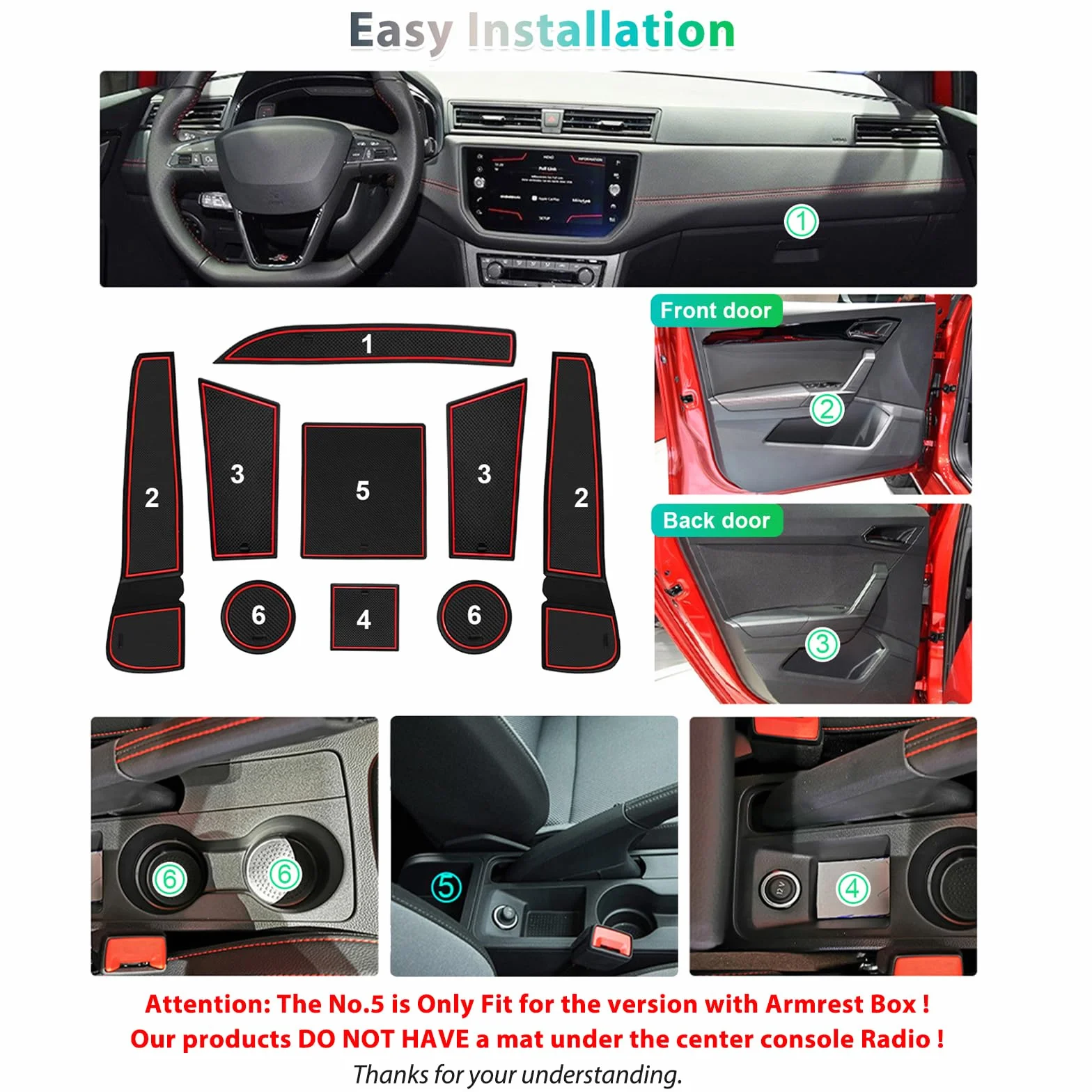 GAFAT Seat Arona/Seat Ibiza 6F KJ1 Facelift 2017-2024 2025 antypoślizgowe maty podłogowe, Seat Ibiza 6F 2023 gumowe maty do konsoli środkowej, szycie drzwi, akcesoria Seat Arona (czerwony)