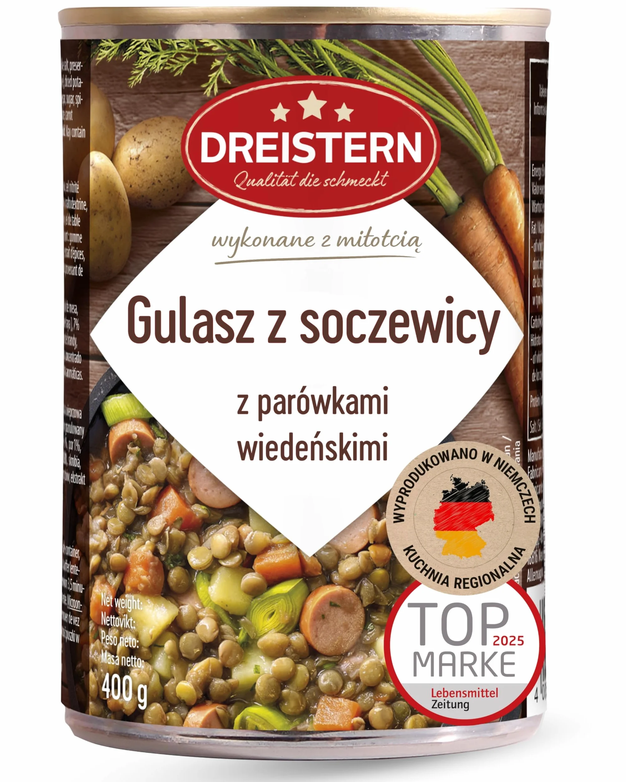 DREISTERN Gulasz z Soczewicy z Kiełbasą Wiedeńską (w Plastrach), Gotowy Posiłek, w Blaszanym Pudełku, Jakość, Która Dobrze Smakuje