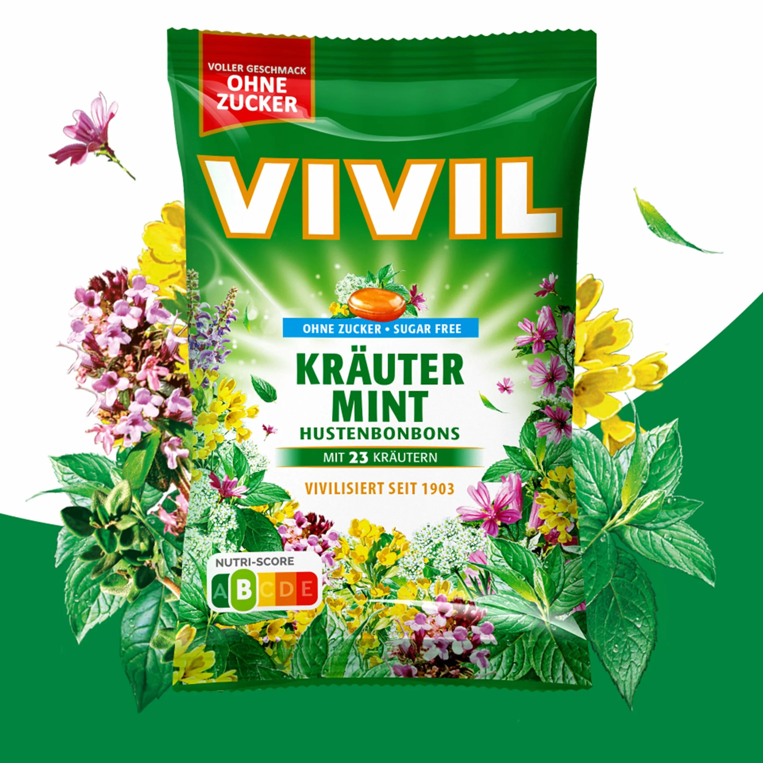 VIVIL Mięta ziołowa z 23 ziołami cukierki na kaszel bez cukru wegańskie 120 g