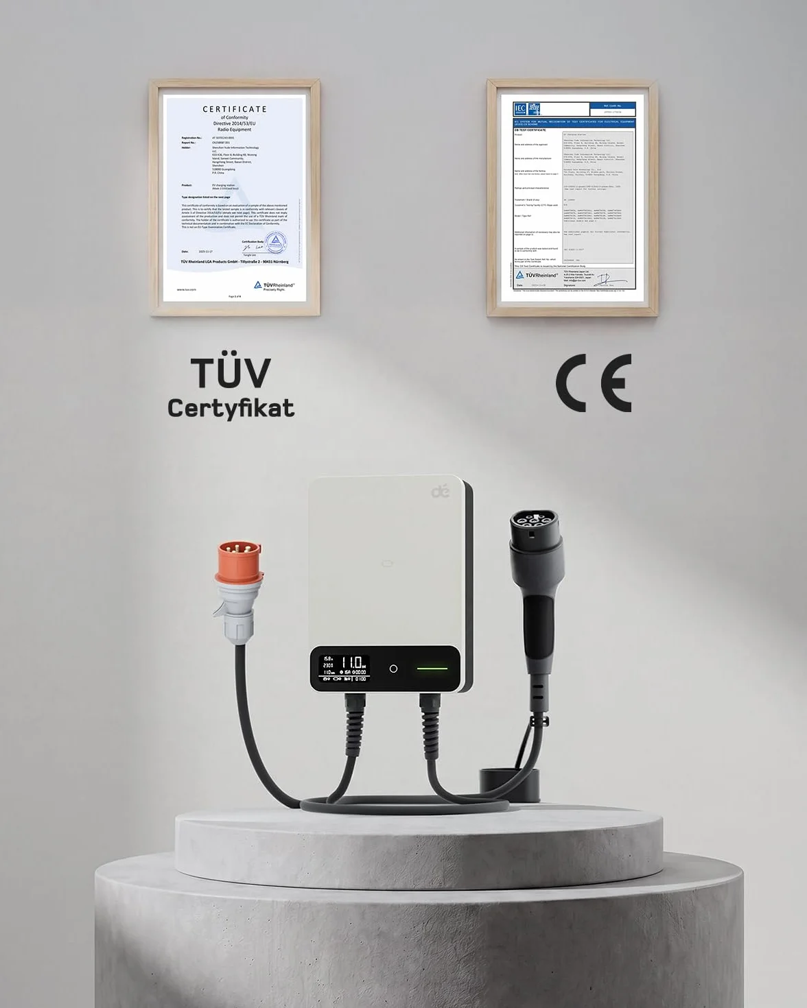 dé Skrzynka ścienna typu 2, 11 kW, z aplikacją i RFID, 6-16 A, 3-fazowa ładowarka EV, 400 V z kablem do ładowania 7 m i uchwytem na kabel do ochrony BEV/PHEV, RCD typu B i IP54, wydajna stacja