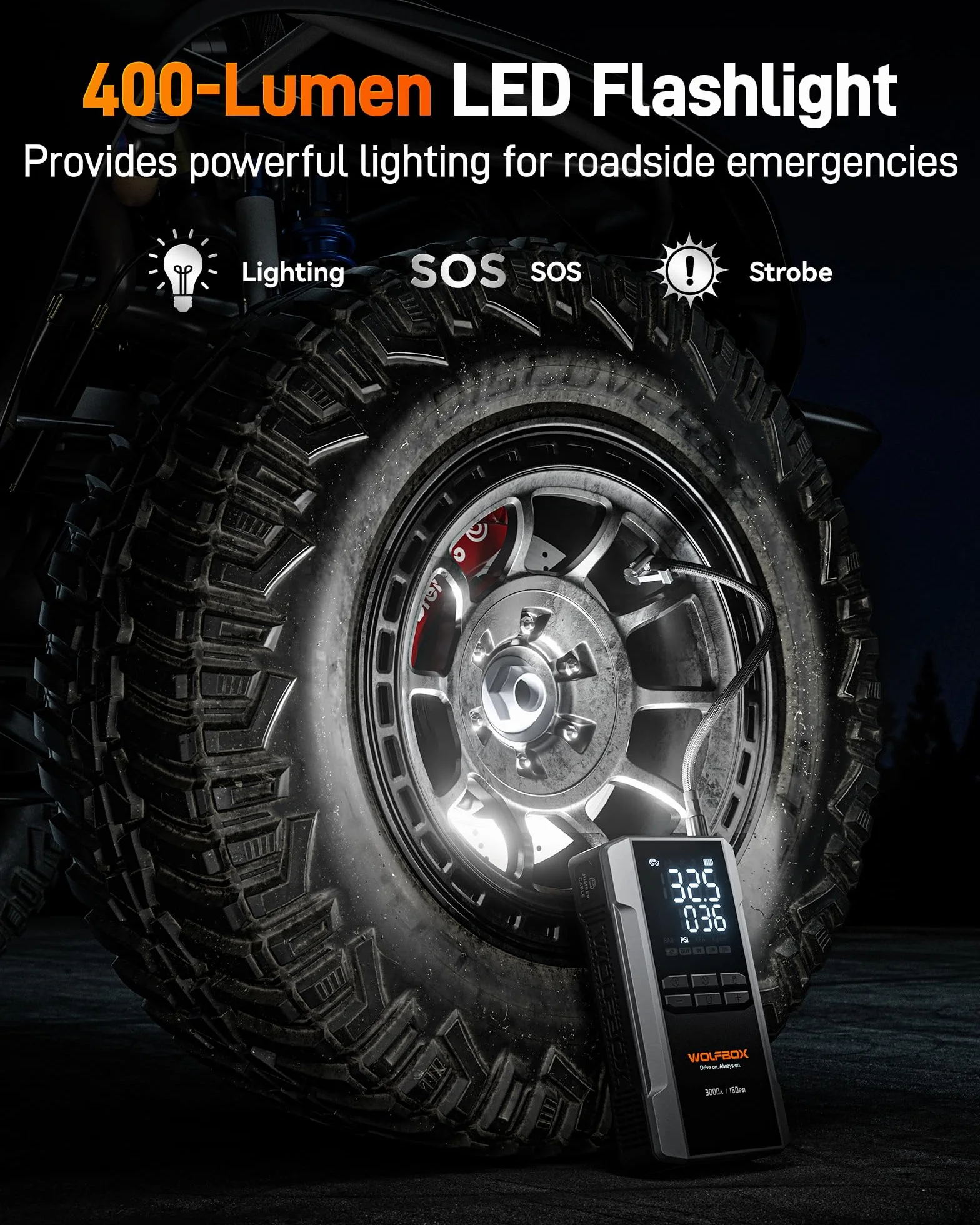WOLFBOX Rozrusznik skokowy 3000 A 16000 mAh 160 PSI 65 W 12 V z sprężarką powietrza