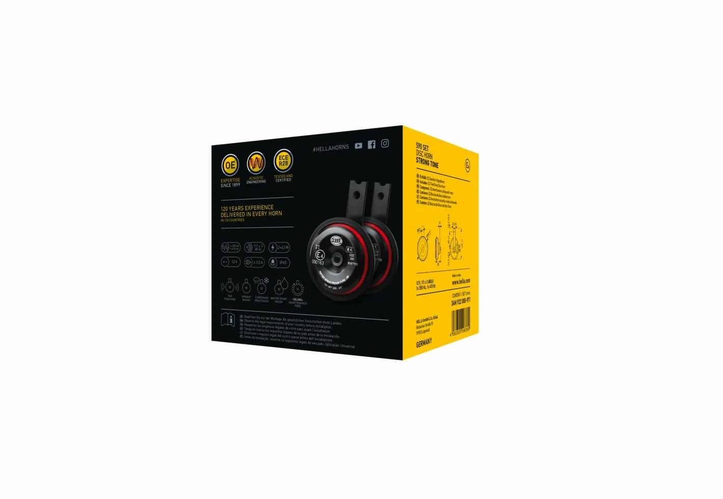 HELLA Klakson - HELLA STYLE HORN S90 SET - 12V - 111dB(A) - Zakres częstotliwości: 350/415Hz - Sygnał wysoki/Sygnał niski - elektryczny - ECE - Kolor obudowy: czerwony/czarny - 3AM 922 000-971