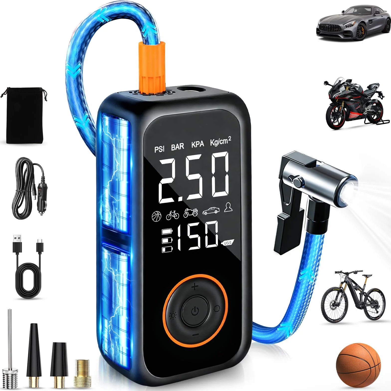Bezprzewodowa pompka do opon samochodowych, 8000 mAh, mini przenośna sprężarka powietrza, 150 PSI, elektryczna pompa rowerowa z cyfrowym wyświetlaczem LCD i latarką LED, pompka do opon do rowerów