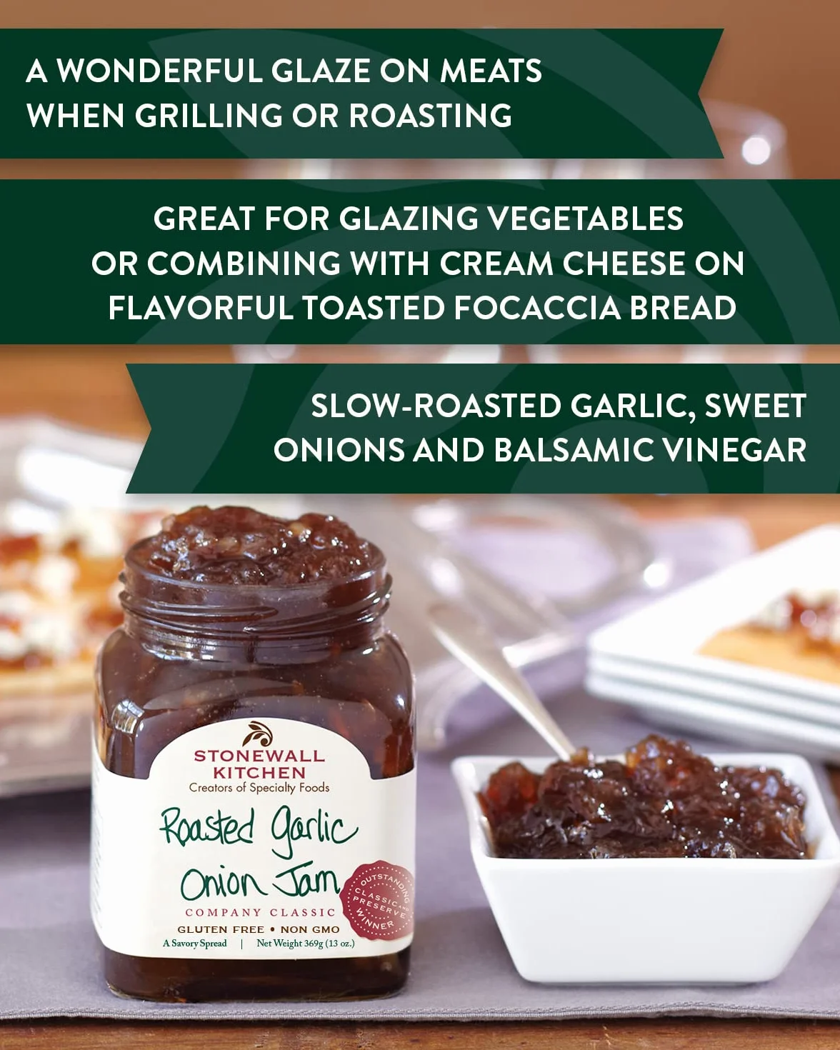 Stonewall Kitchen Roasted Garlic Onion Jam 369 g słodko-pikantny czosnek i cebula do smarowania