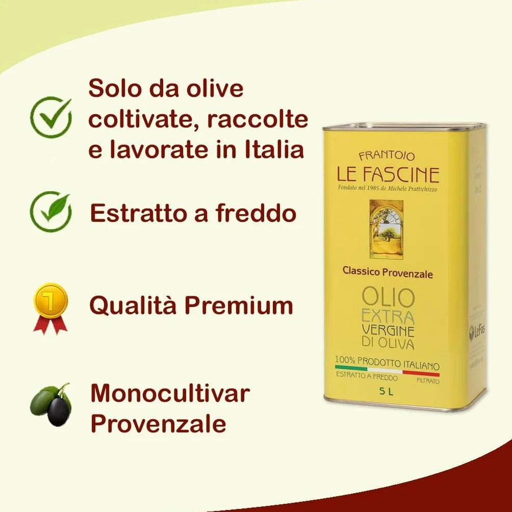 Le Fascine 100% włoska oliwa z oliwek Pugliese extra virgin wytwarzana z prowansalskich oliwek (puszka 5 litrów)