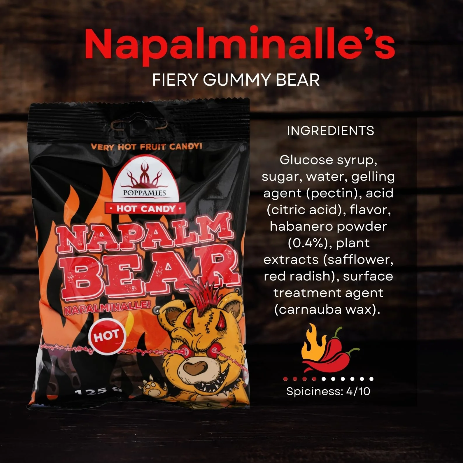 Poppamies Pikantne Żelki Poppamies NapalmiNalle Chili Fruit Gums - Bezglutenowe, Bezlaktozowe, Wegańskie - Nie dla dzieci ani na Halloweenowy Żart - Pikantność: 4/10 - Waga: 125g