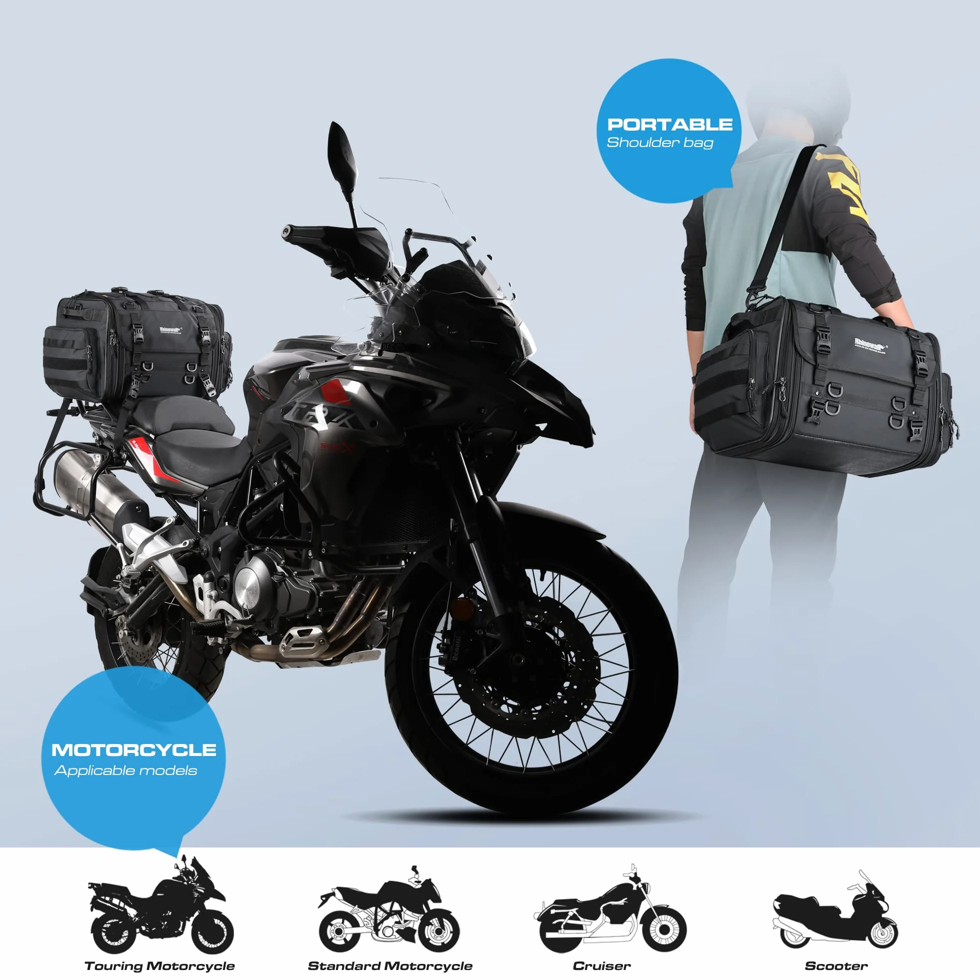 BAIGIO Torba na bagażnik motocyklowy, 40-60 l, możliwość rozszerzenia, wodoszczelna, wielofunkcyjna torba motocyklowa, torba na bagażnik, torba podróżna, torba na tylne siedzenie