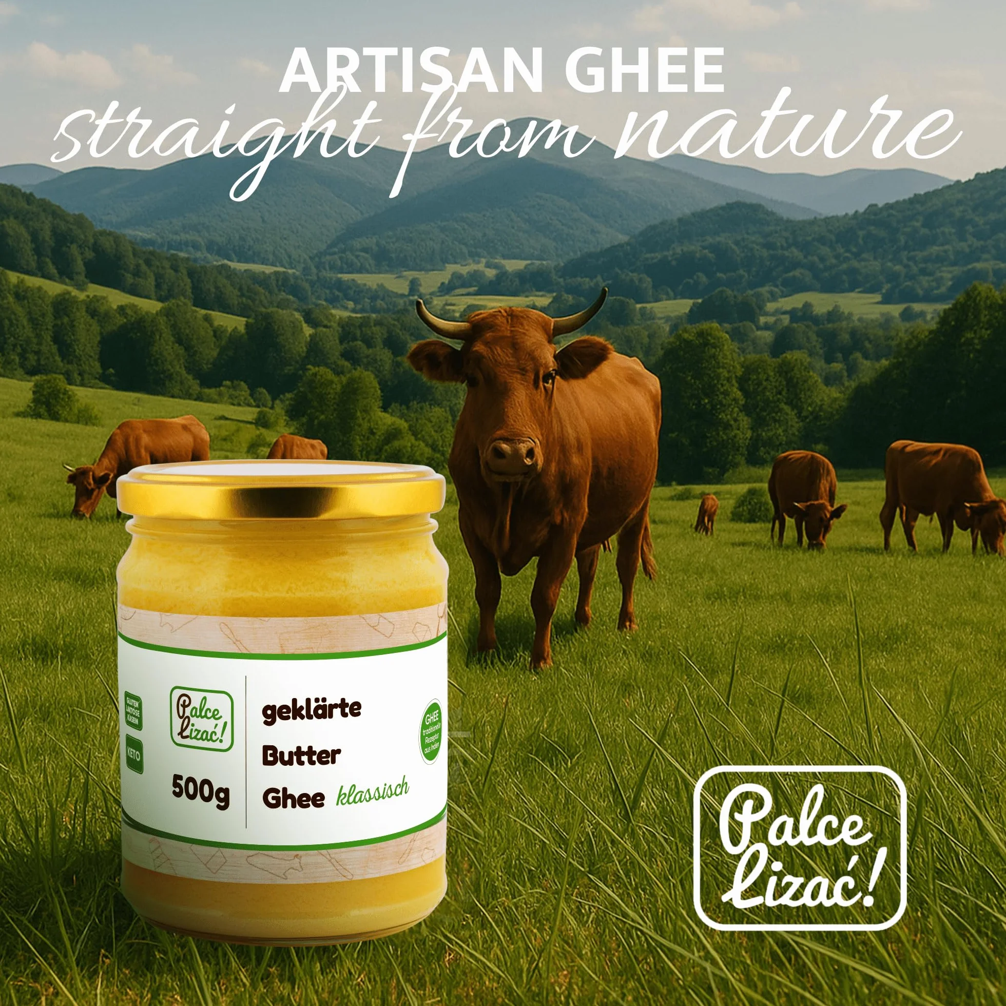 PALCE LIZAĆ Klarowane Masło Ghee 500 g | Ajurwedyjskie, bez laktozy, bez glutenu | Do gotowania, smażenia i pieczenia | Czysty tłuszcz maślany, idealne dla diety keto | 100% Naturalne