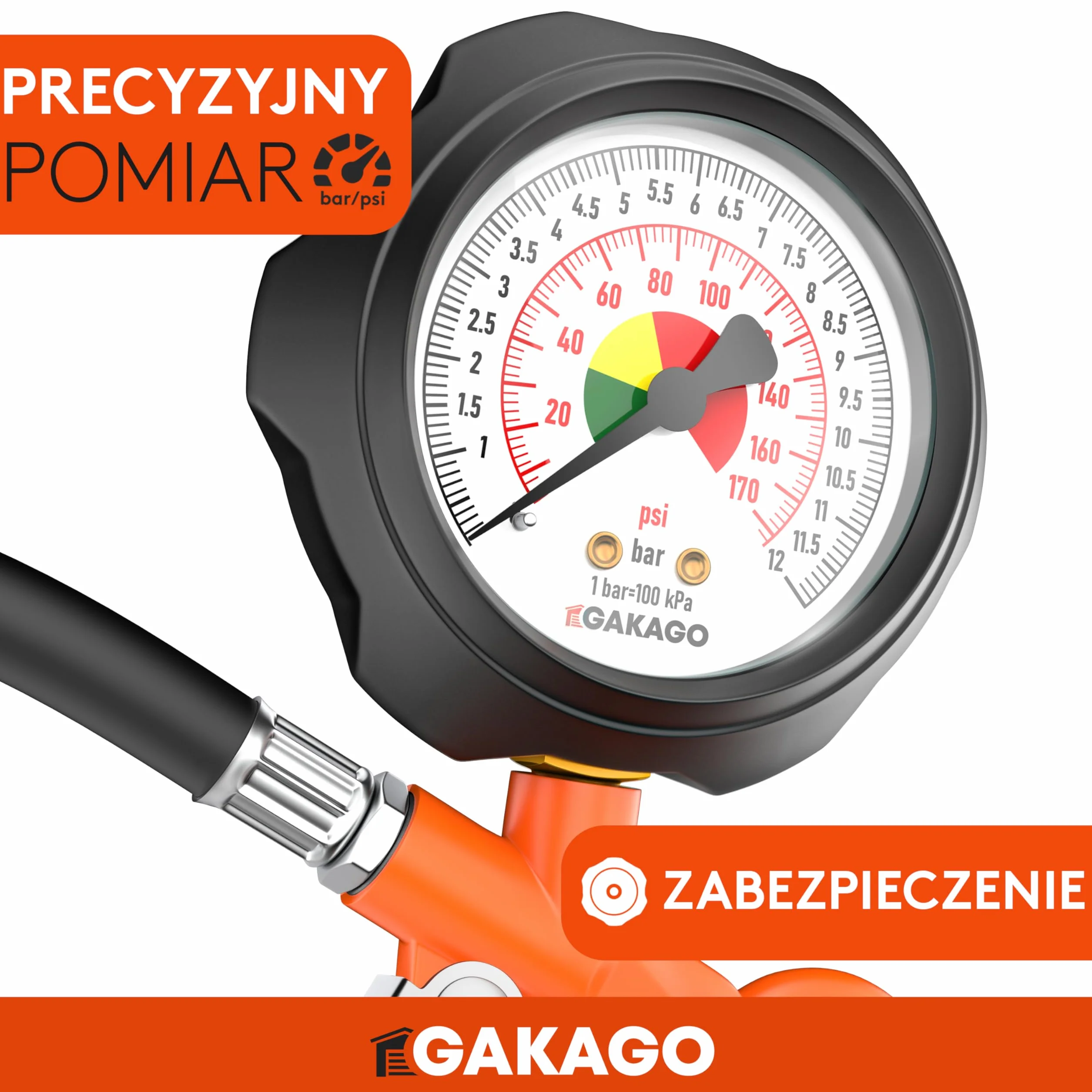 Gakago Pompka do opon - Precyzyjna pompka do opon z wysokiej jakości manometrem 0-12 barów - Bardzo długi 45-centymetrowy wąż do pompowania opon - Wszechstronny manometr
