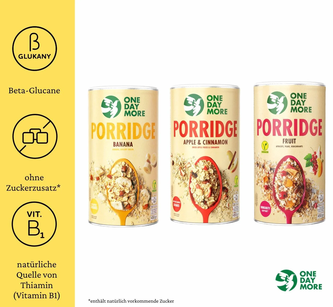 OneDayMore Zestaw Owsianek Bez Cukru – Owocowa, Bananowa i Jabłkowa z Cynamonem | 3×450 g | Naturalne Śniadanie Pełne Błonnika i Energii
