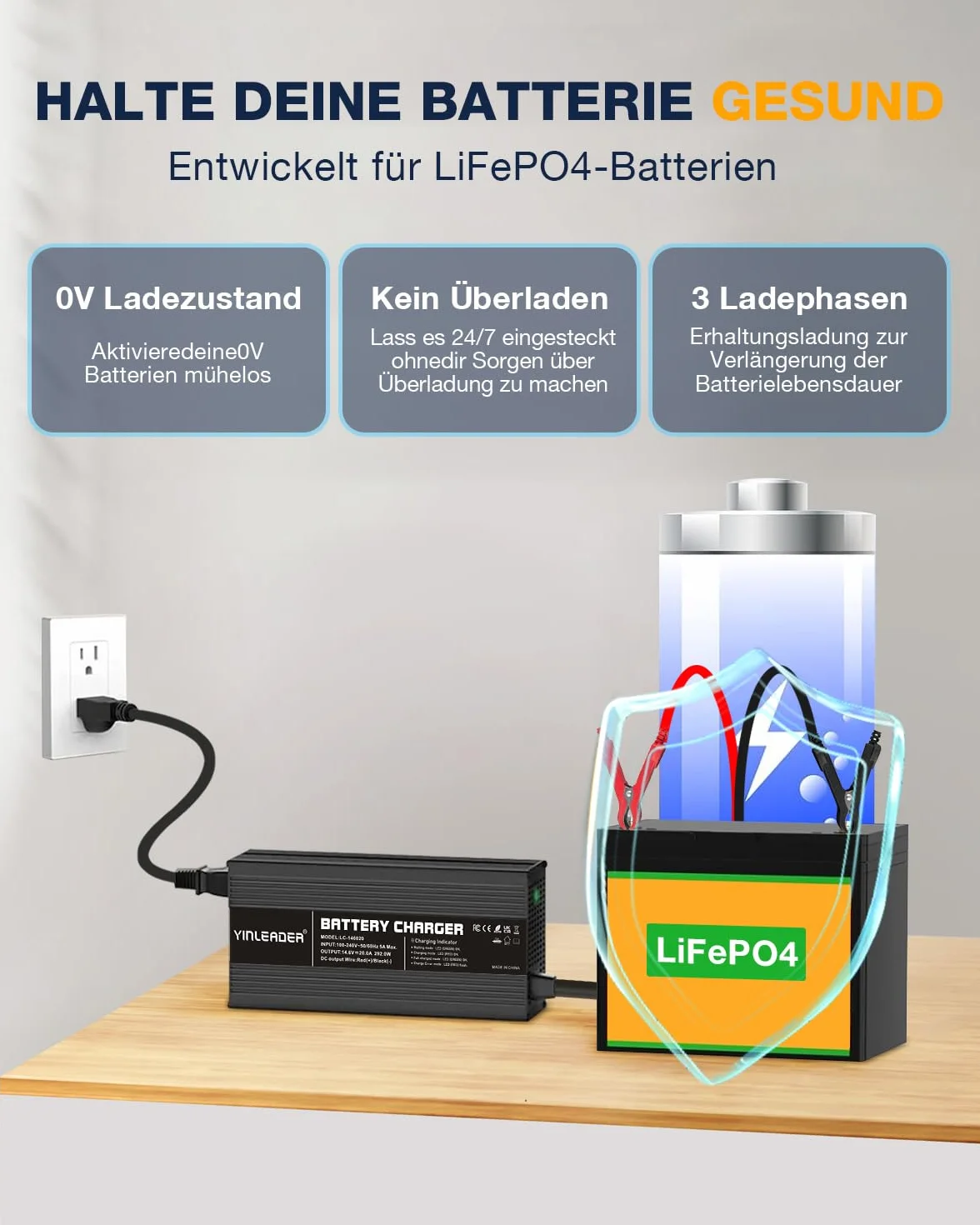 LiFePO4 ładowarka do akumulatora samochodowego 20 A, 12 V, w pełni automatyczna, inteligentna, ochrona wielokrotna, kompaktowy