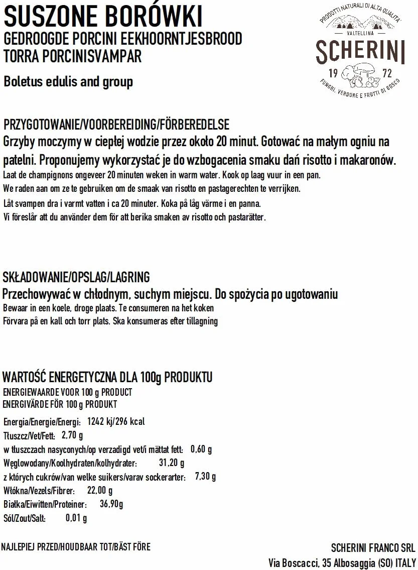 Scherini Valtellina Borowik szlachetny krojony boletus edulis porcini grzyby suszone 200g