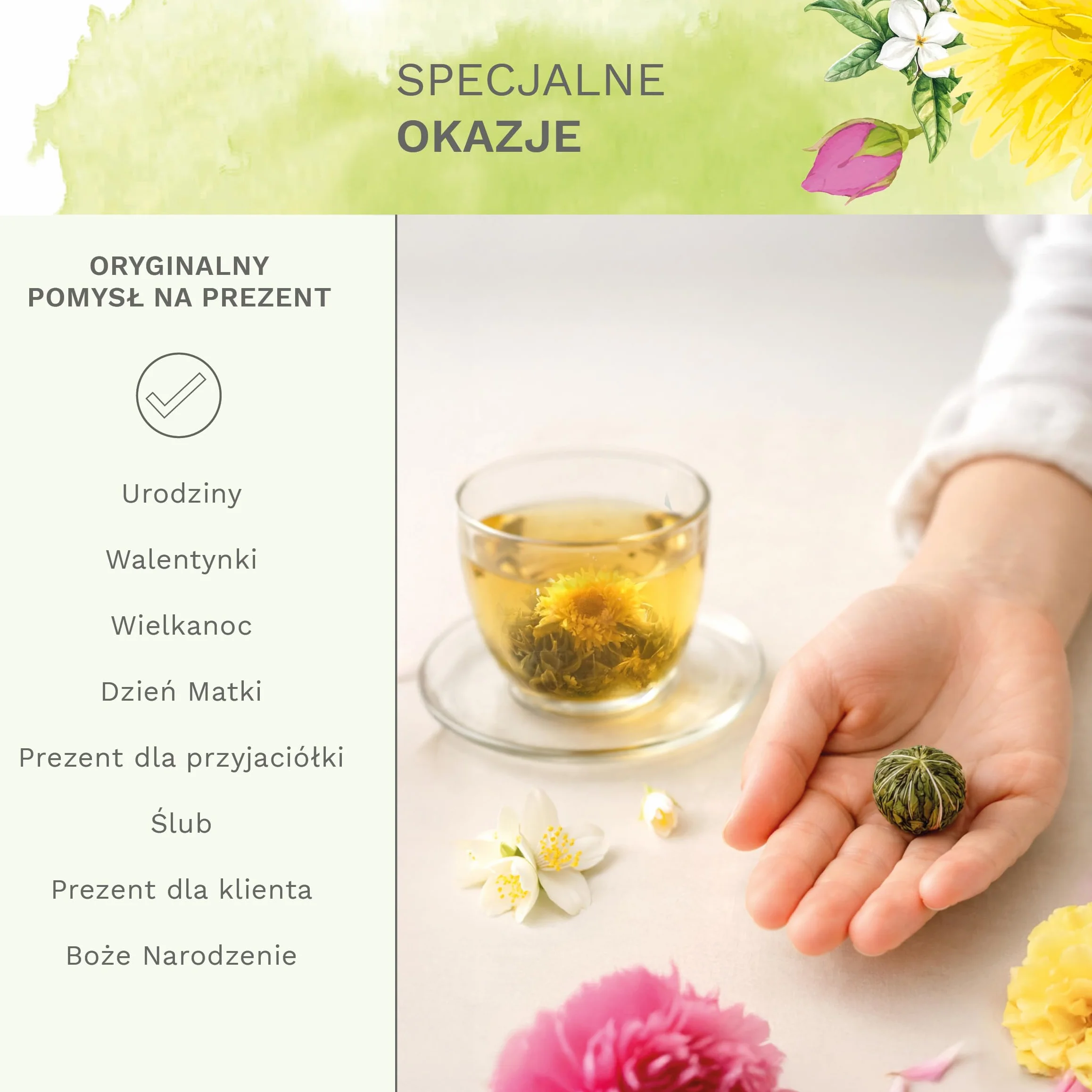 Zestaw prezentowy Creano z herbatą kwitnącą – wzór kwiatowy – herbata kwitnąca Spring Harvest z dzbankiem szklanym o pojemności 500 ml i 6 zielonymi herbatami – prezent na Walentynki, Dzień Matki