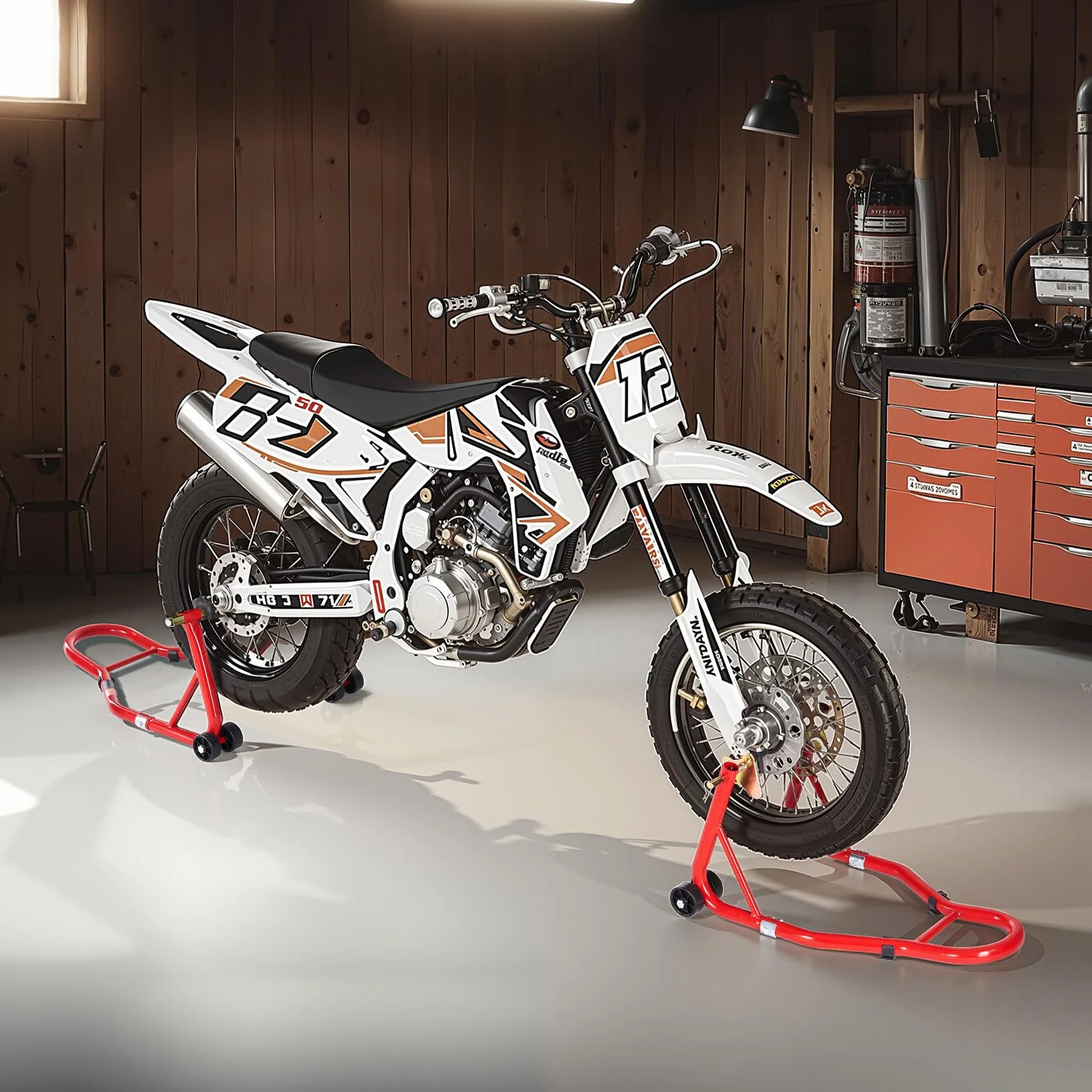 VEVOR Podnośnik motocyklowy, nośność 385 kg, przedni, tylny podnośnik, podwójny widelec, tylny widelec U+L, do większości motocykli Yamaha, Honda, Kawasaki, Suzuki, czerwony