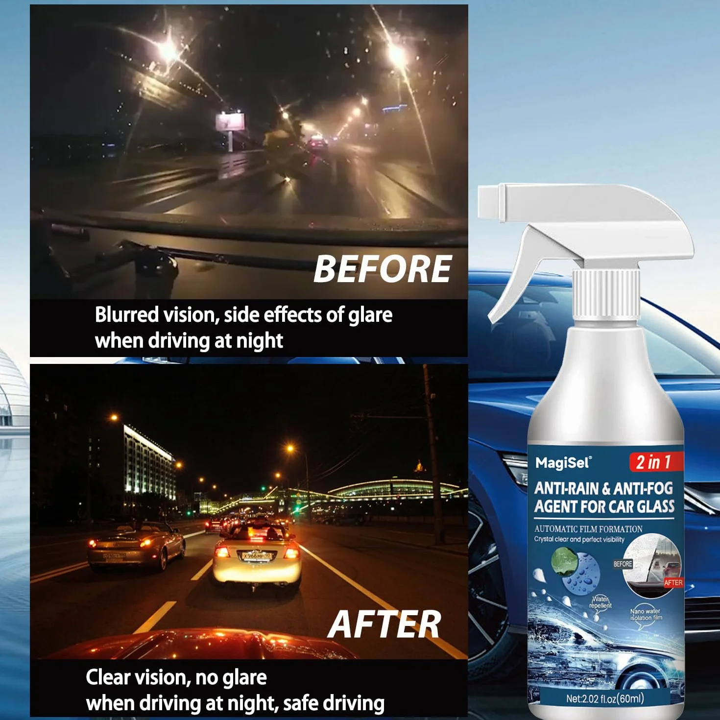 Środek przeciwmgielny, spray przeciwmgielny, spray do szyby przedniej samochodu, 60 ml środek przeciwmgielny odpychający wodę, środek chroniący przed deszczem do szyb przednich i lusterek, formuła 2-w