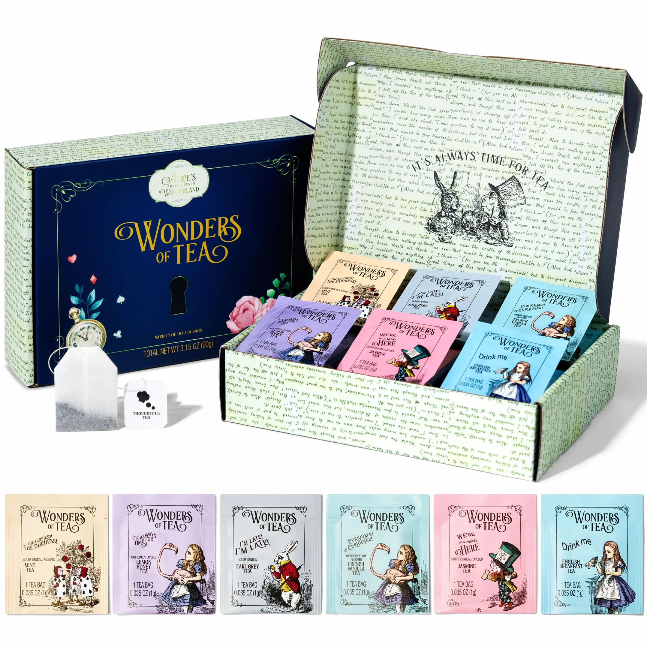 Alice im Wunderland Teesortiment Geschenkset 90 Stück mit Buchzitaten und Illustrationen
